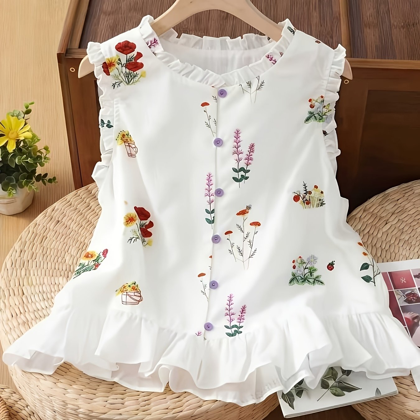 TEMU Women's Elegant Printed Vintage Ruffle Neckline Button-decorated Hem Sleeveless Pullover Top. Sweet Pointed-petal Floral Print Sleeveless