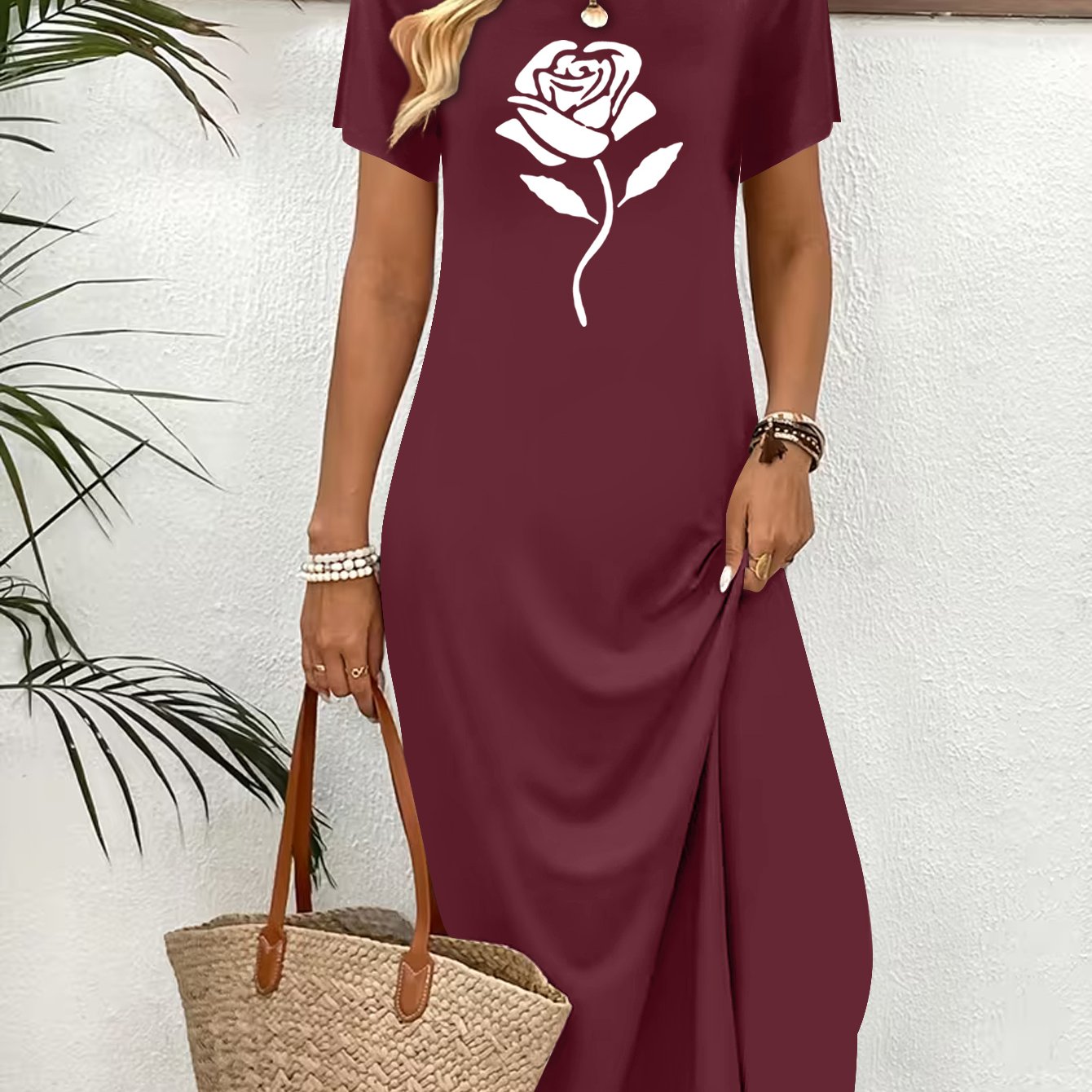 TEMU Summer Women's Fashion Dress, Floral Print Round Neck Short Sleeve Casual Dress, Seaside Vacation Dress, Elegant Style Long Dress, Suitable For
