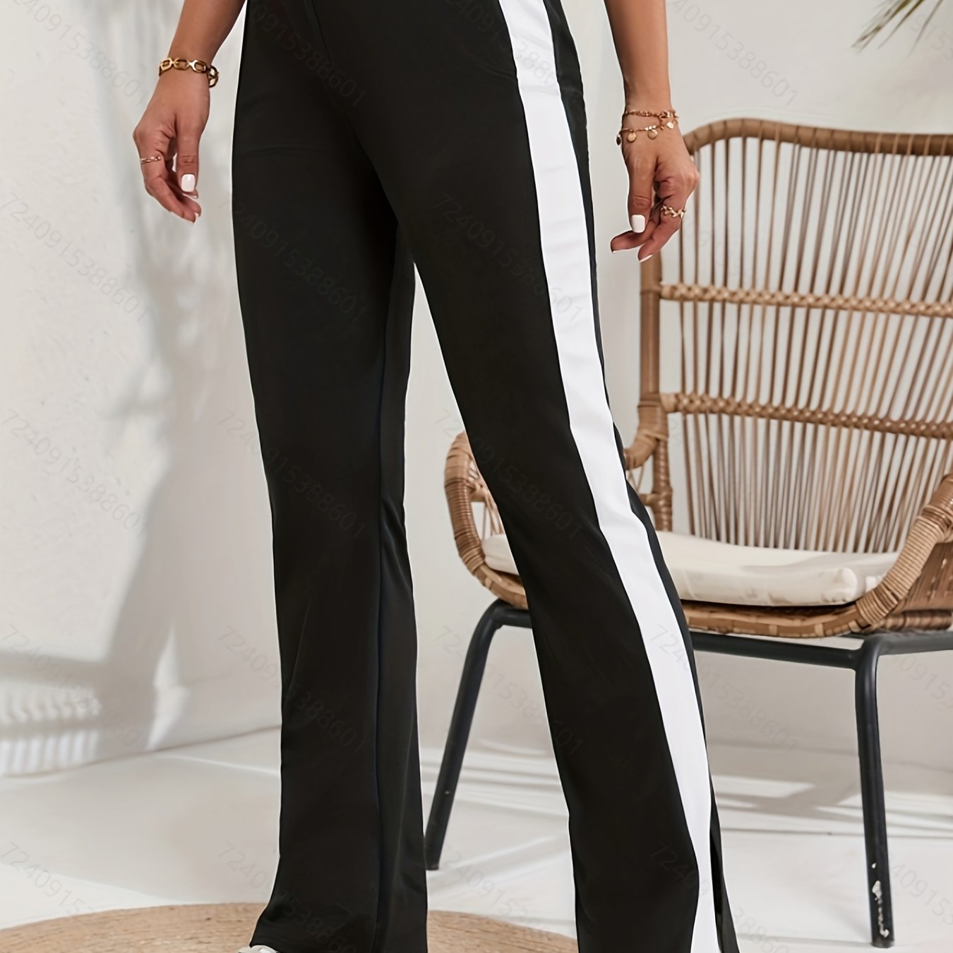 Image of Striped Print Pants, Casual Split High Waist Wide Leg Pants, Women's Clothing