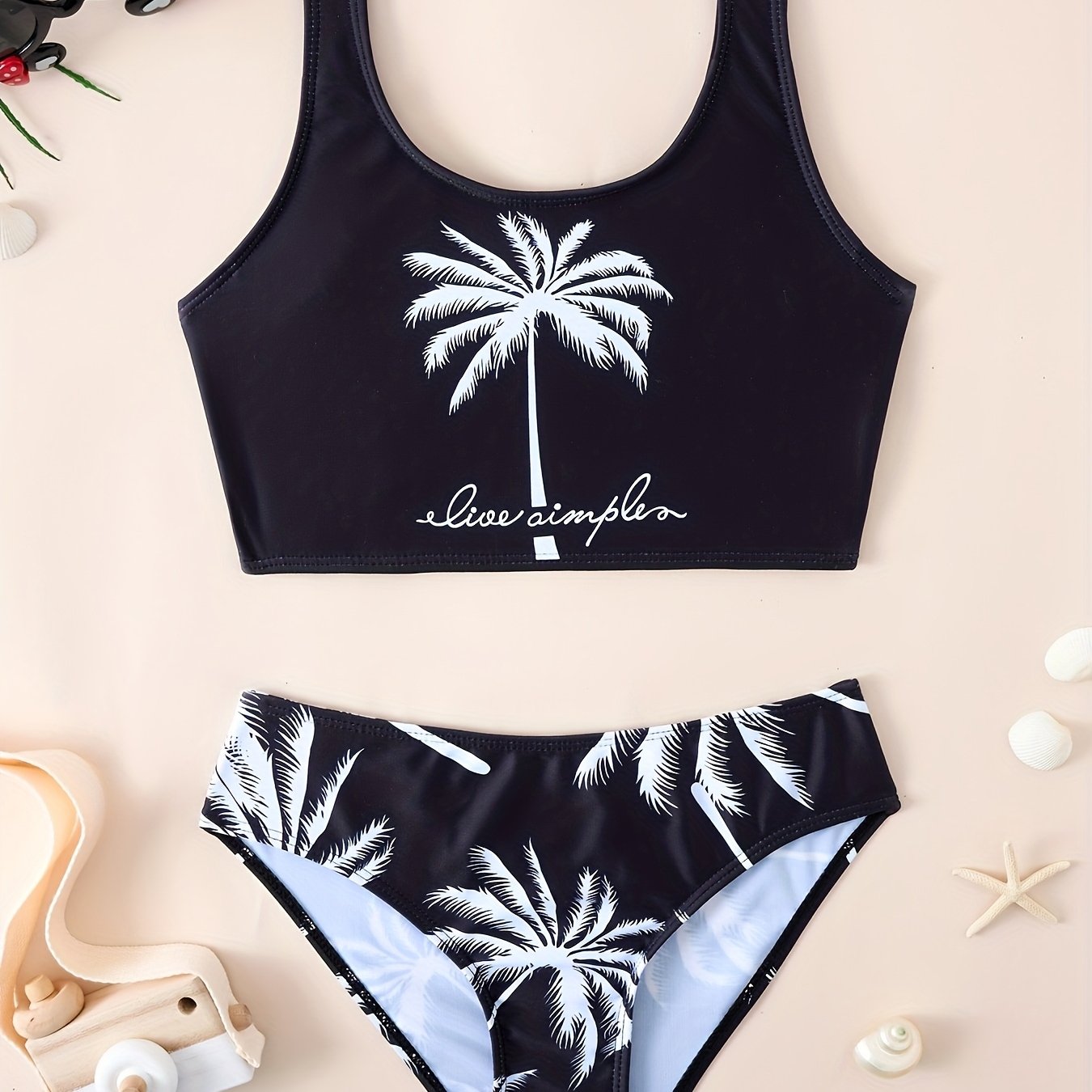 2pcs Set Featuring A Coconut Tree Print Top And Coconut Tree Printed Triangle Bikini Bottoms, A Tankini Swimsuit Suitable For Beach Vacations Swimming Pool