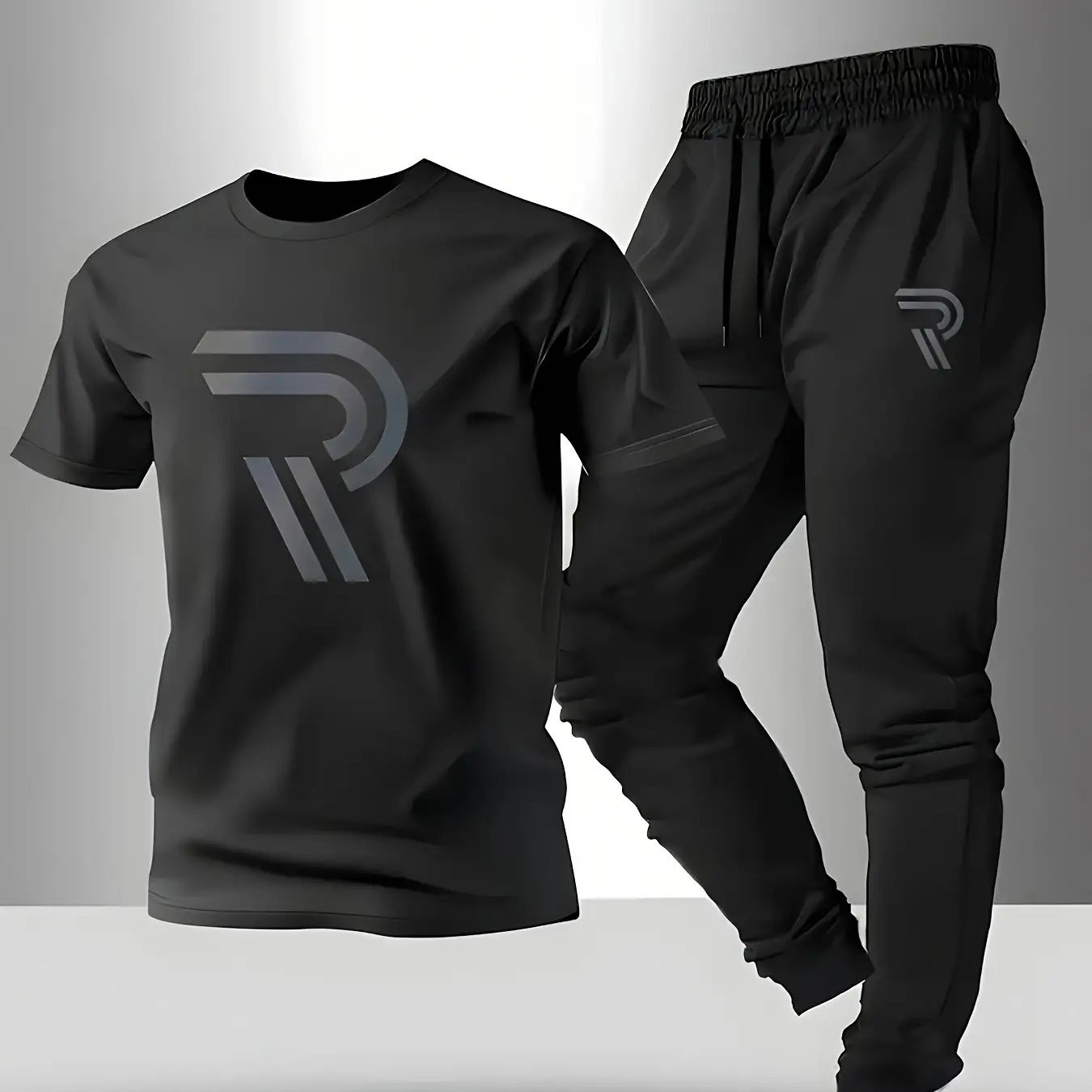 TEMU Men's Round Neck Short Sleeve Top And Drawstring Athletic Pants 2pcs Set, Summer Fall Comfortable Running Outfit