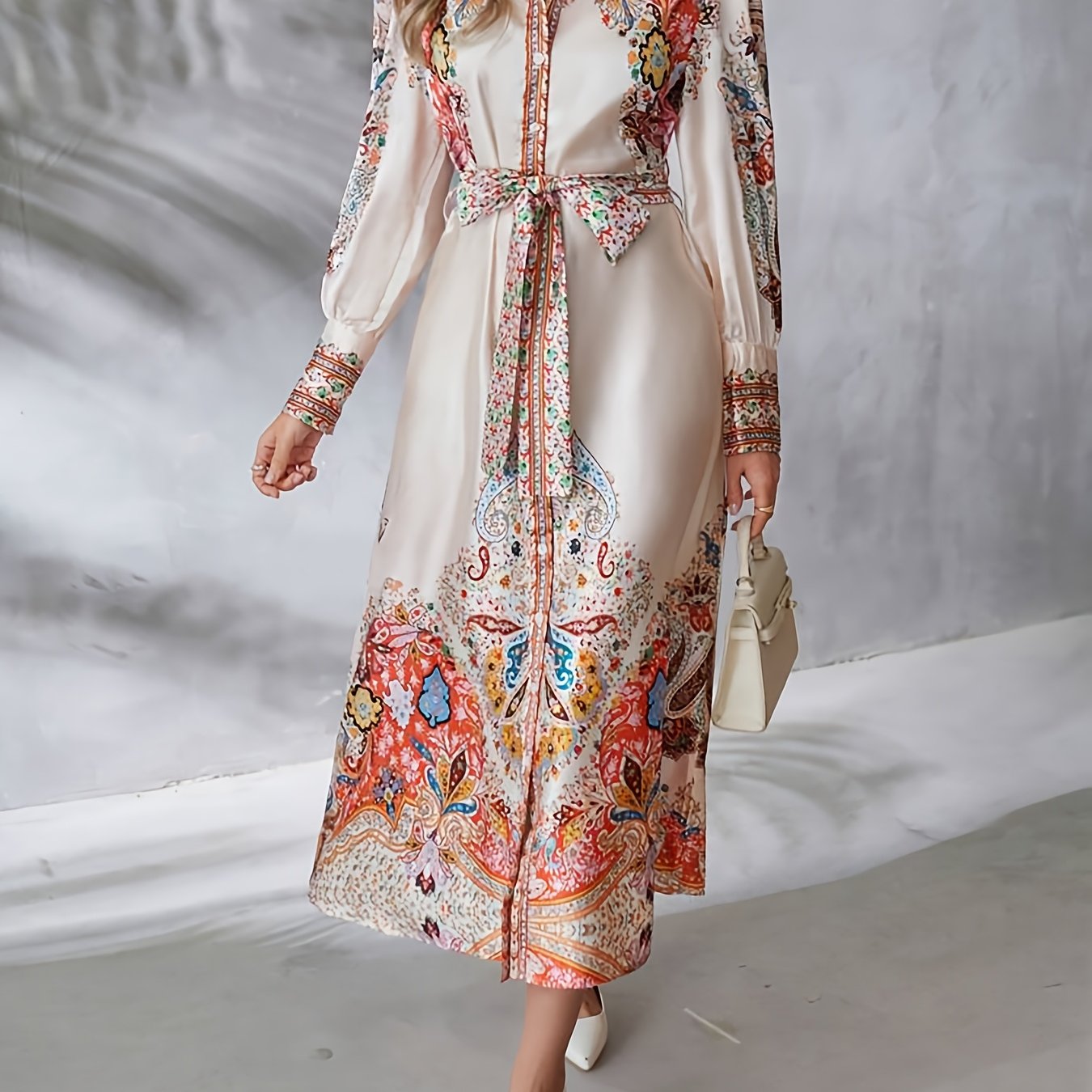 Image of Western Spring/autumn Elegant, Lapel Belt Waist Cinched, Button-up Lantern Long Sleeves, Paisley Pattern Placement Print, Shirt Dress