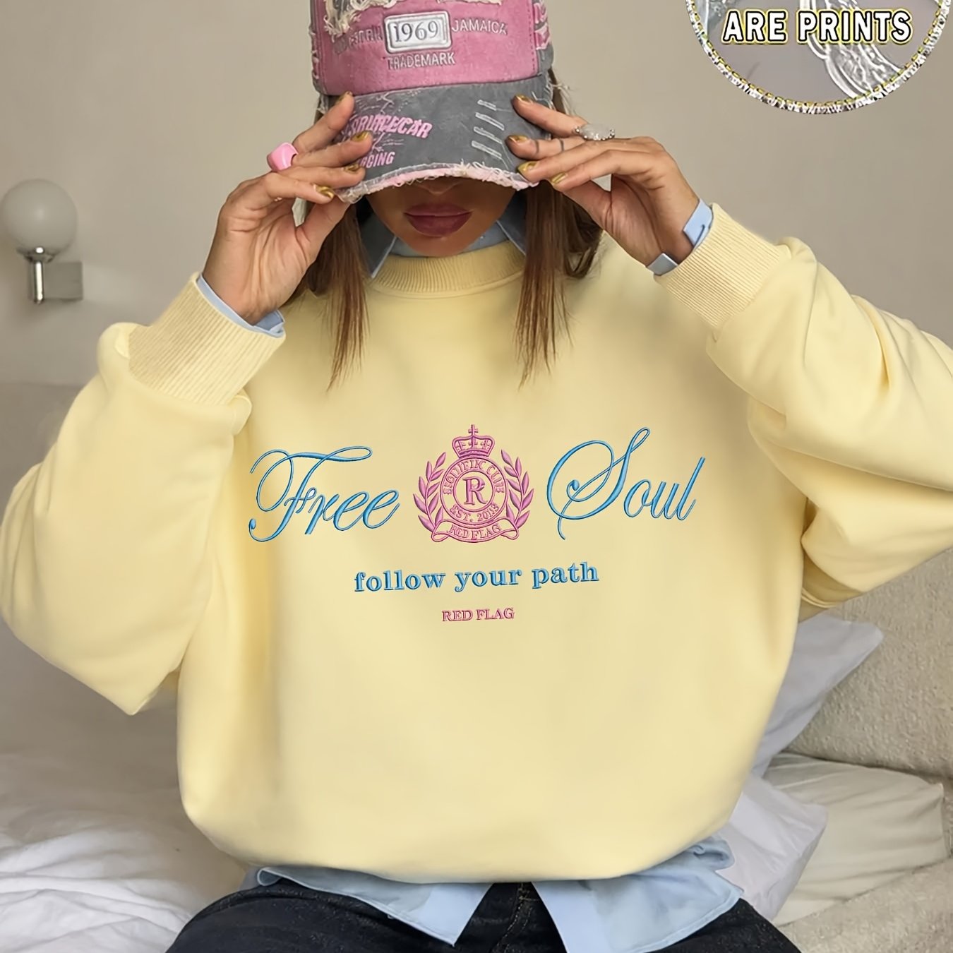 TEMU 2026 Autumn Winter Women's Fashion Round Neck Sweatshirt Retro Letter Badge Print Lazy Style Round Neck Women's Casual Trendy Sweatshirt Circle