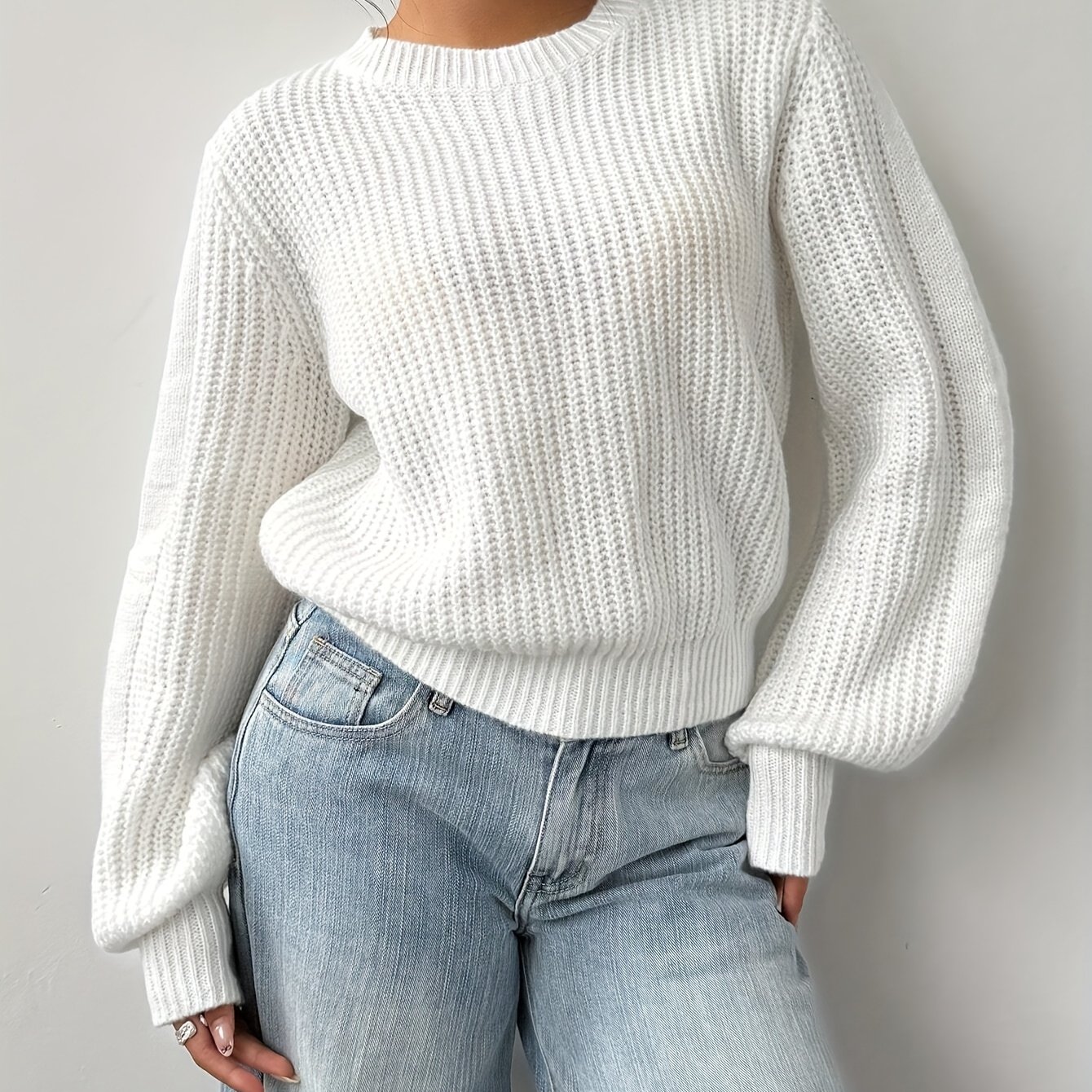 E-shop Neuer modischer, eleganter, minimalistischer, einfarbiger Damen-Pullover mit Rundhalsausschnitt und langen Ärmeln