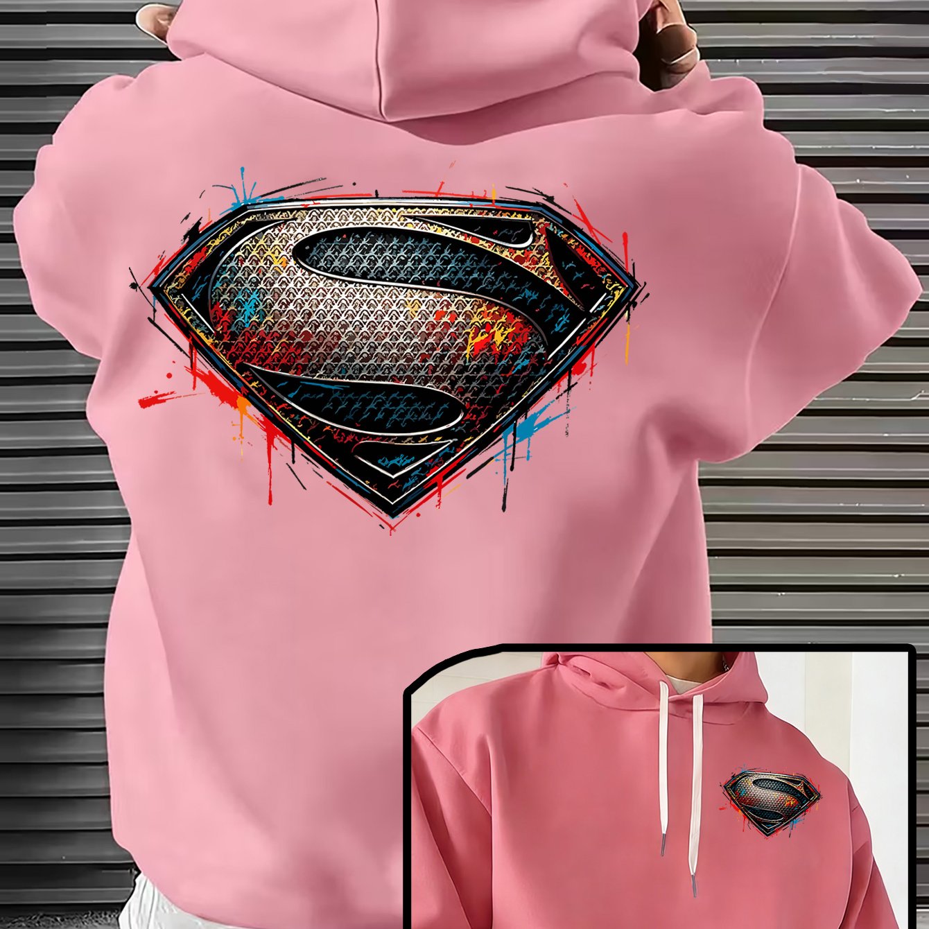 TEMU Wb Men's & Unisex Superman Hoodie Sweater - Official Licensed Plush Hooded With Iconic Superman Print, Adjustable Drawstring Hood, Loose Fit For