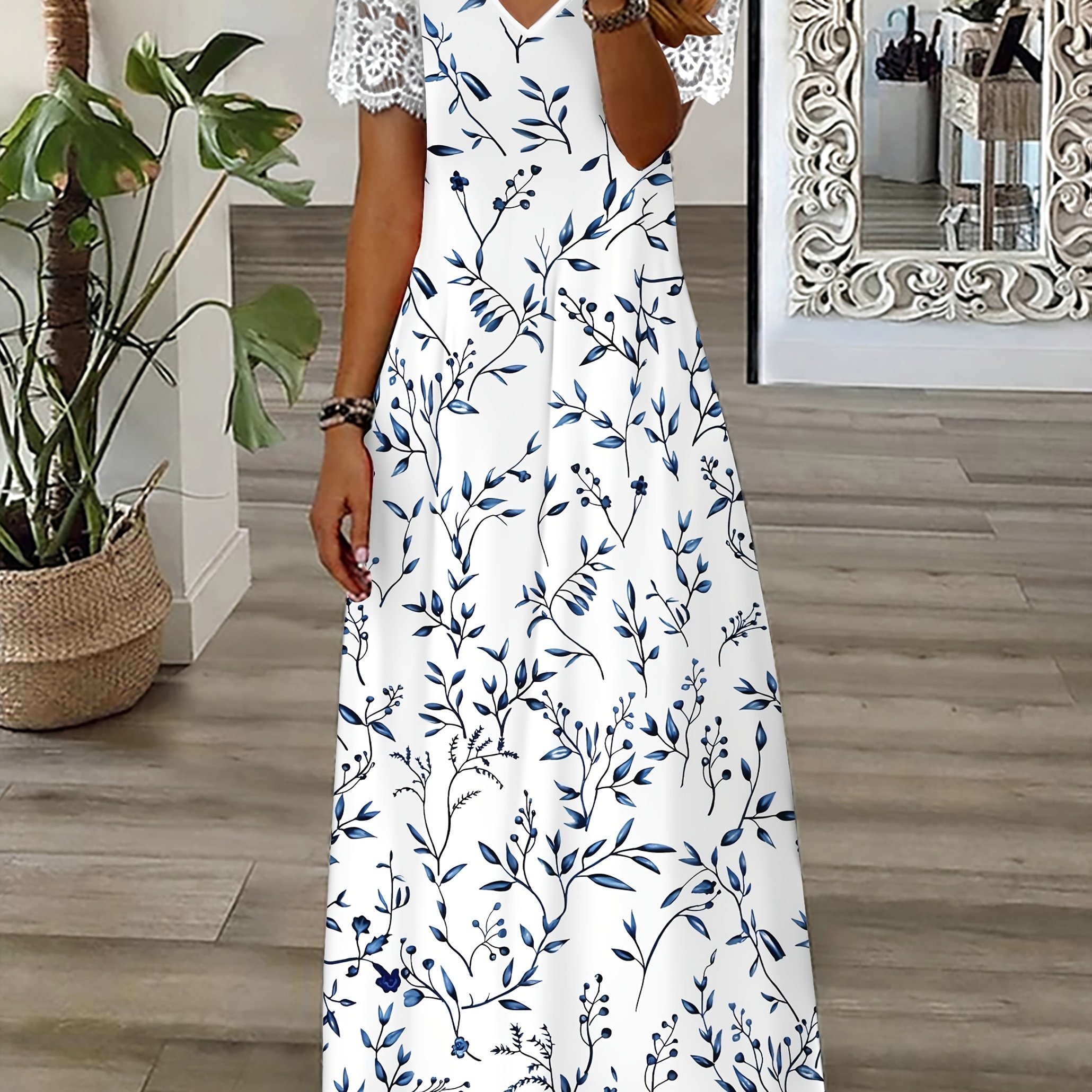 Elegant Lace Sleeve Splicing Printed Dress Trendy Printed Long Dress