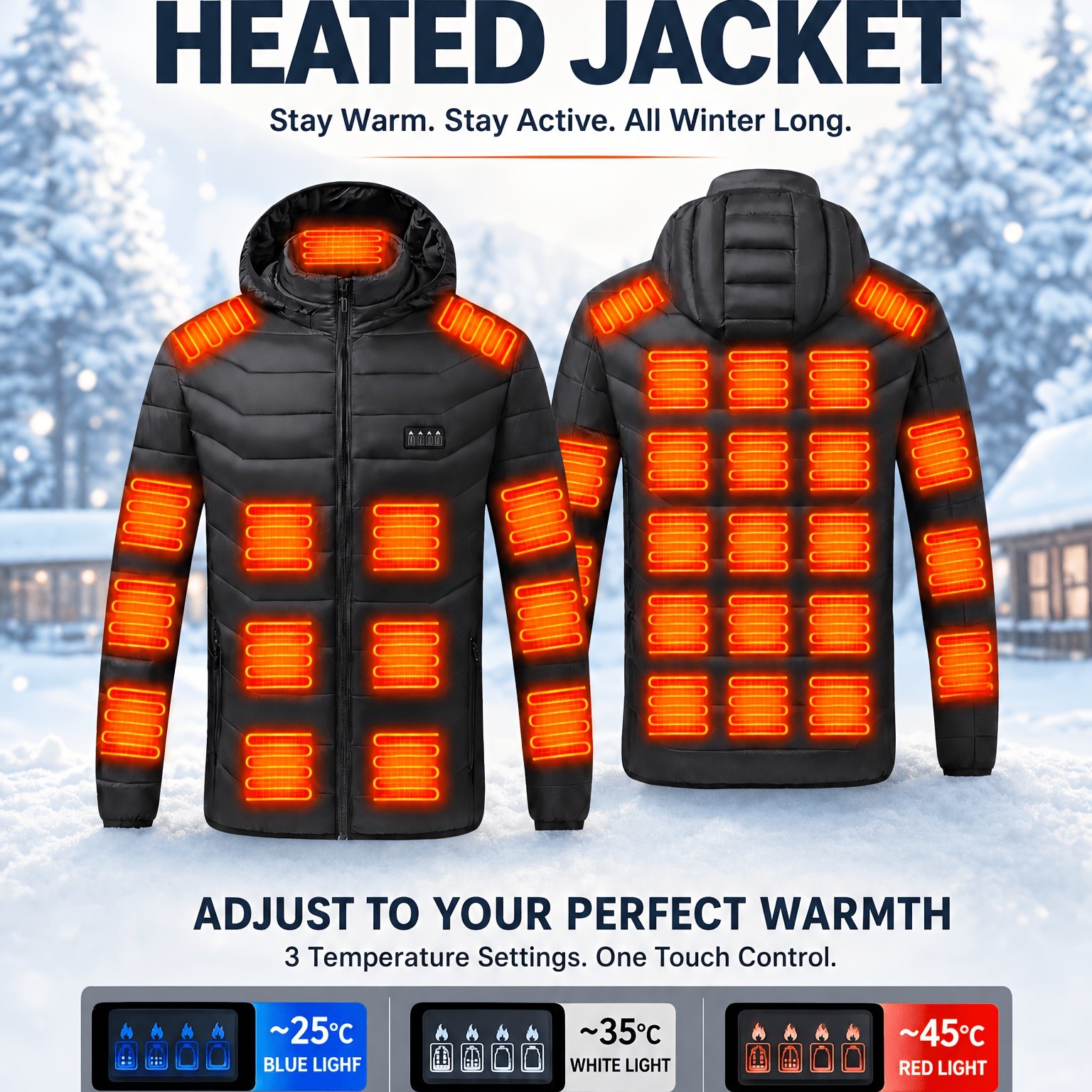 TEMU Men's Autumn/winter Thermal Heated Jacket, 48 Heating Elements, 4 Control Switches, 3-level Intelligent Temperature Adjustment, Electric Heated,