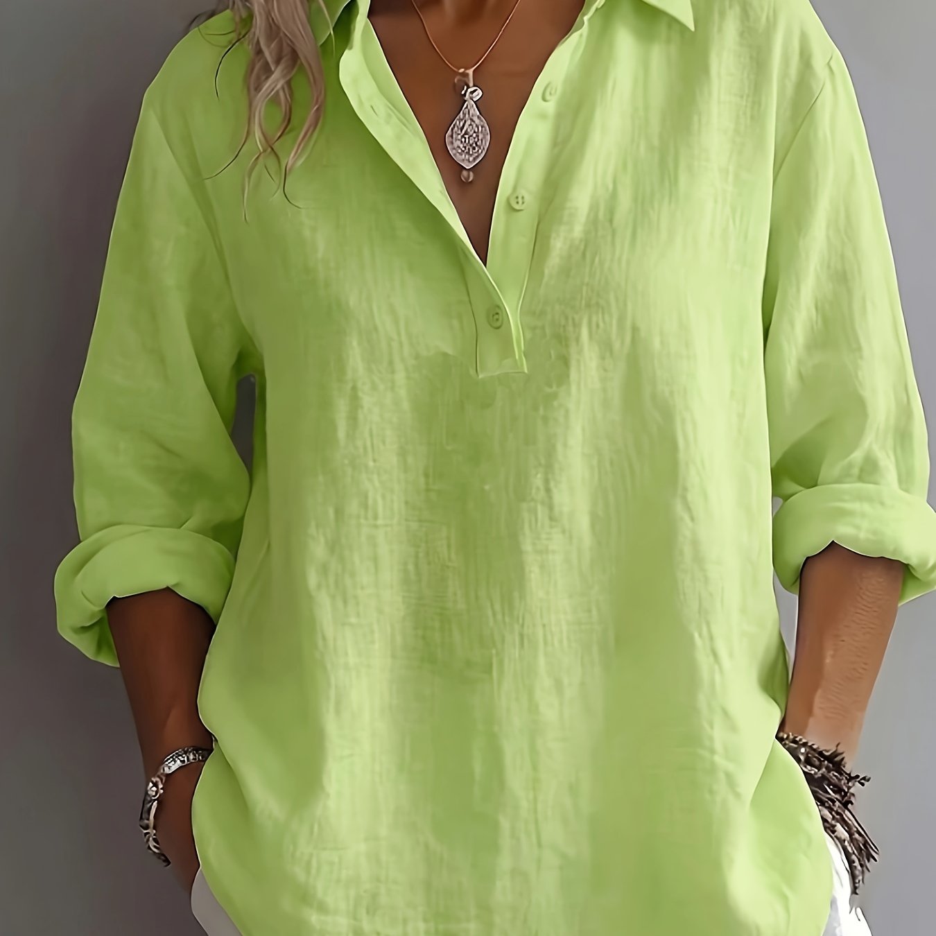 E-shop Elegantes, bequemes Damen-Langarmshirt für Frühling und Herbst in lockerer, einfarbiger Mode, lässiger Revers-Freizeit-Knopf-Halboffenes