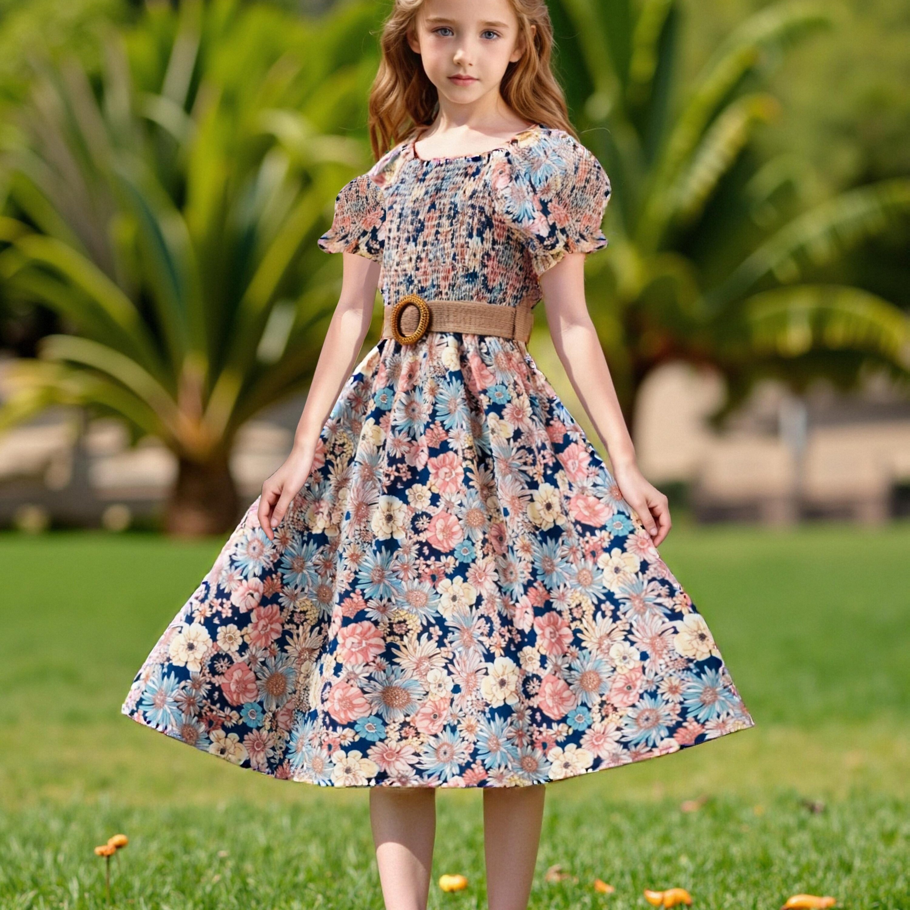 Girls' Puff Sleeve Floral Print Dress