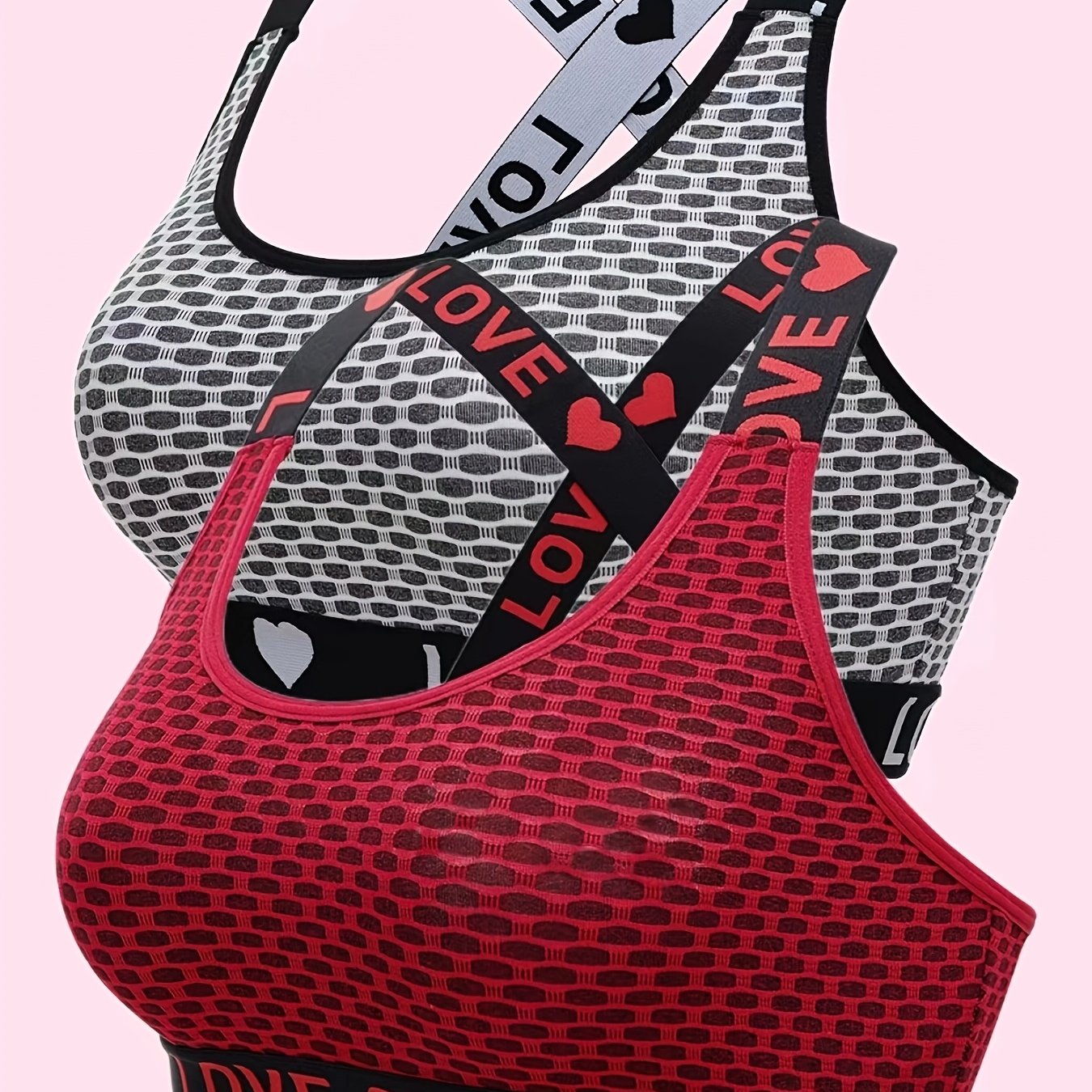 E-shop 2er-Set Damen-Sport-BHs mit Herz- & Buchstabendesign - Atmungsaktiv, Schweißableitendes Activewear zum Laufen