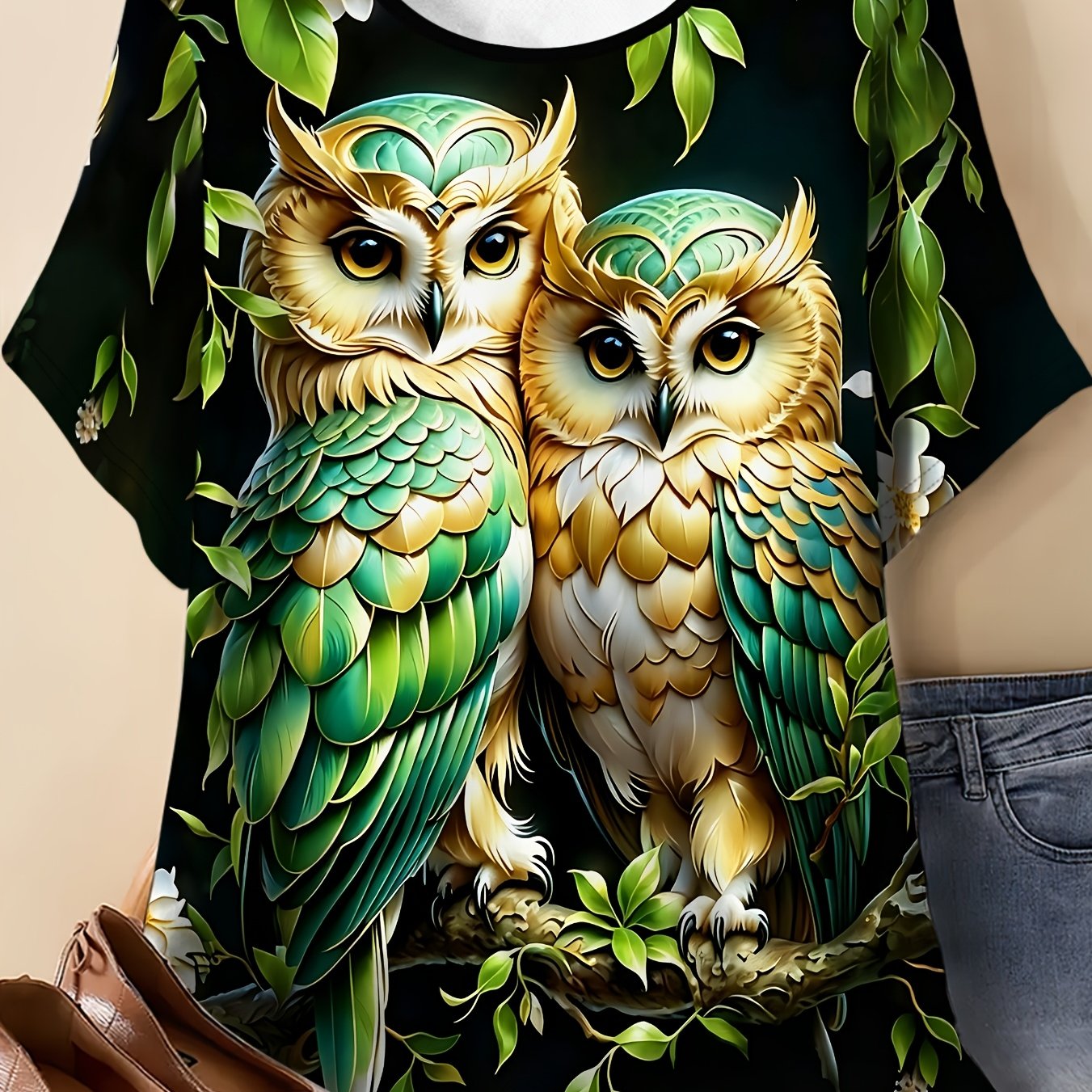 TEMU Women's Plus Size Round Neck Short Sleeve T-shirt, Double Owl Green Plant Art Print, Lightweight Breathable Casual Wear