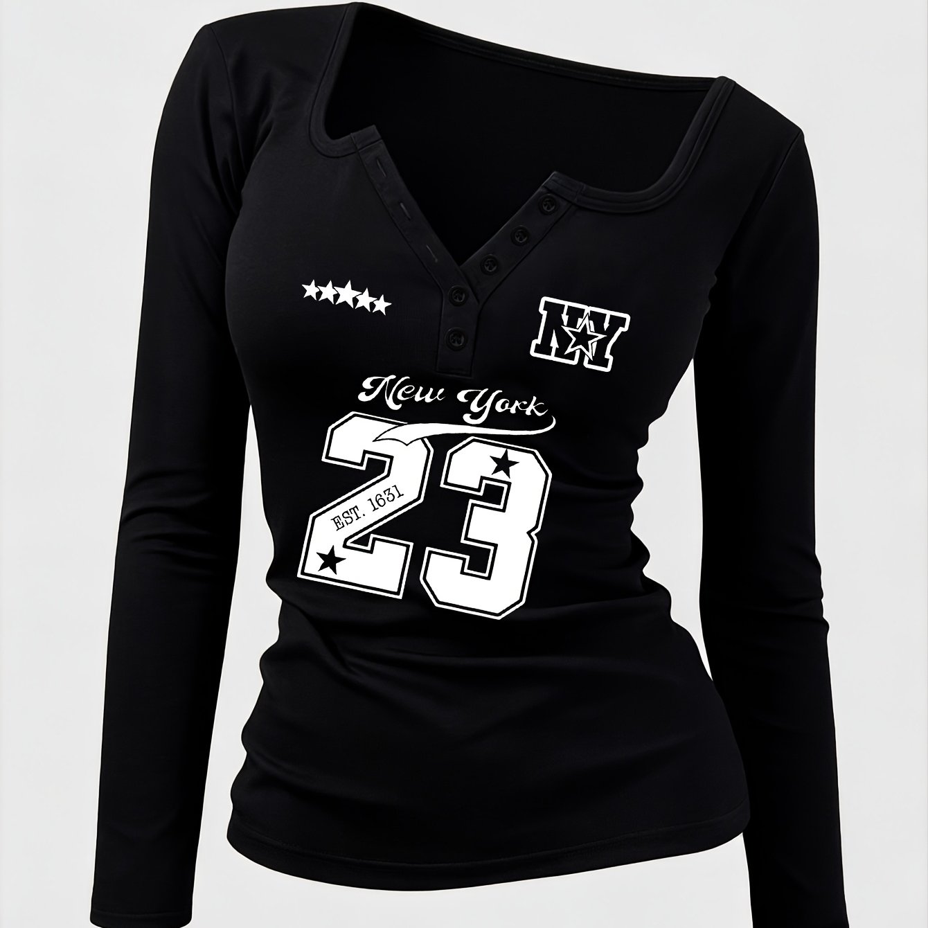 TEMU Ball Jersey Pattern Women's Hot Outfit, Button-up Hot Sexy Design Non-v-neck Women's Long Sleeve T-shirt, A Revealing