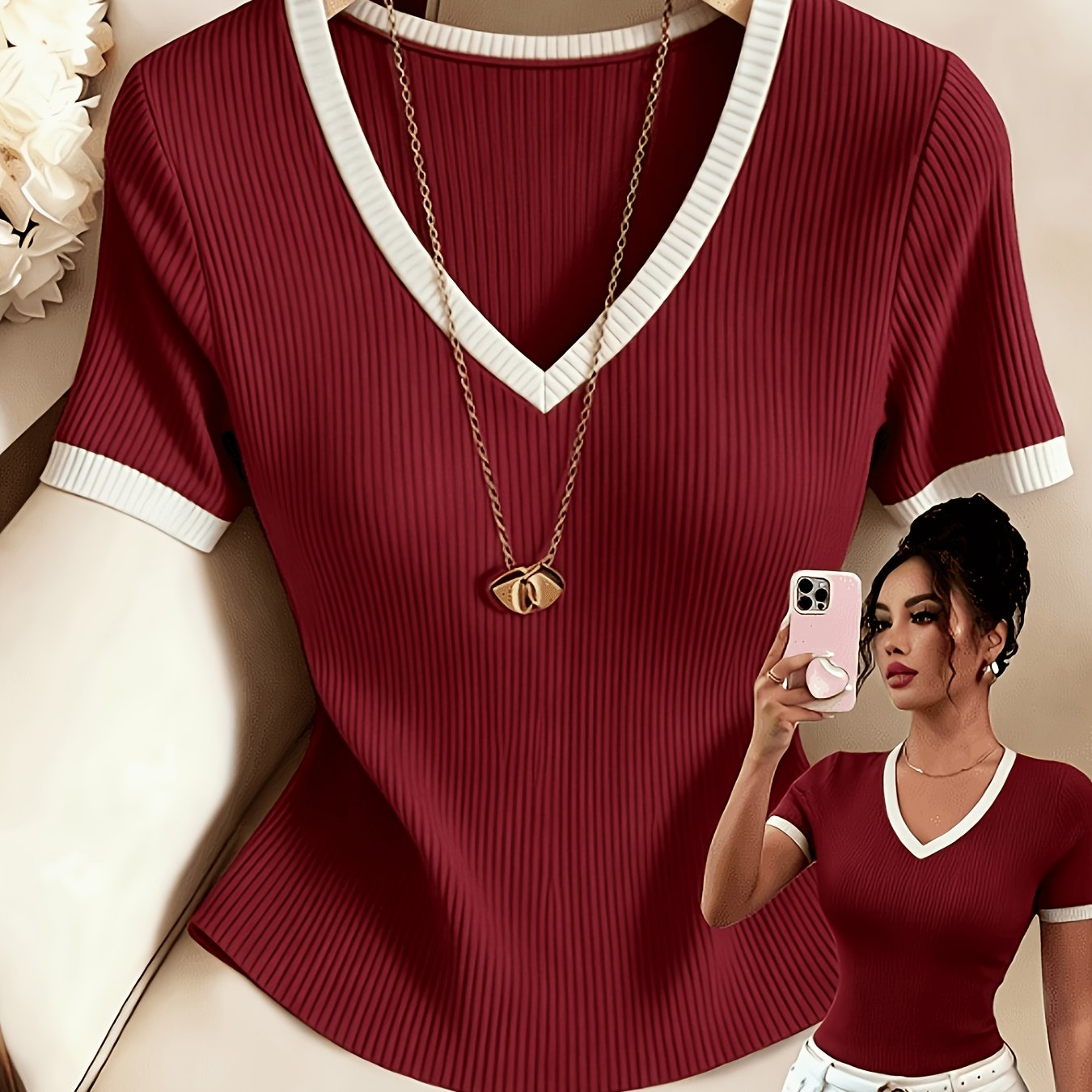 TEMU New Summer Ribbed Short Sleeve V-neck White Contrast Trim Slim Fit Regular Length Women's T-shirt Top