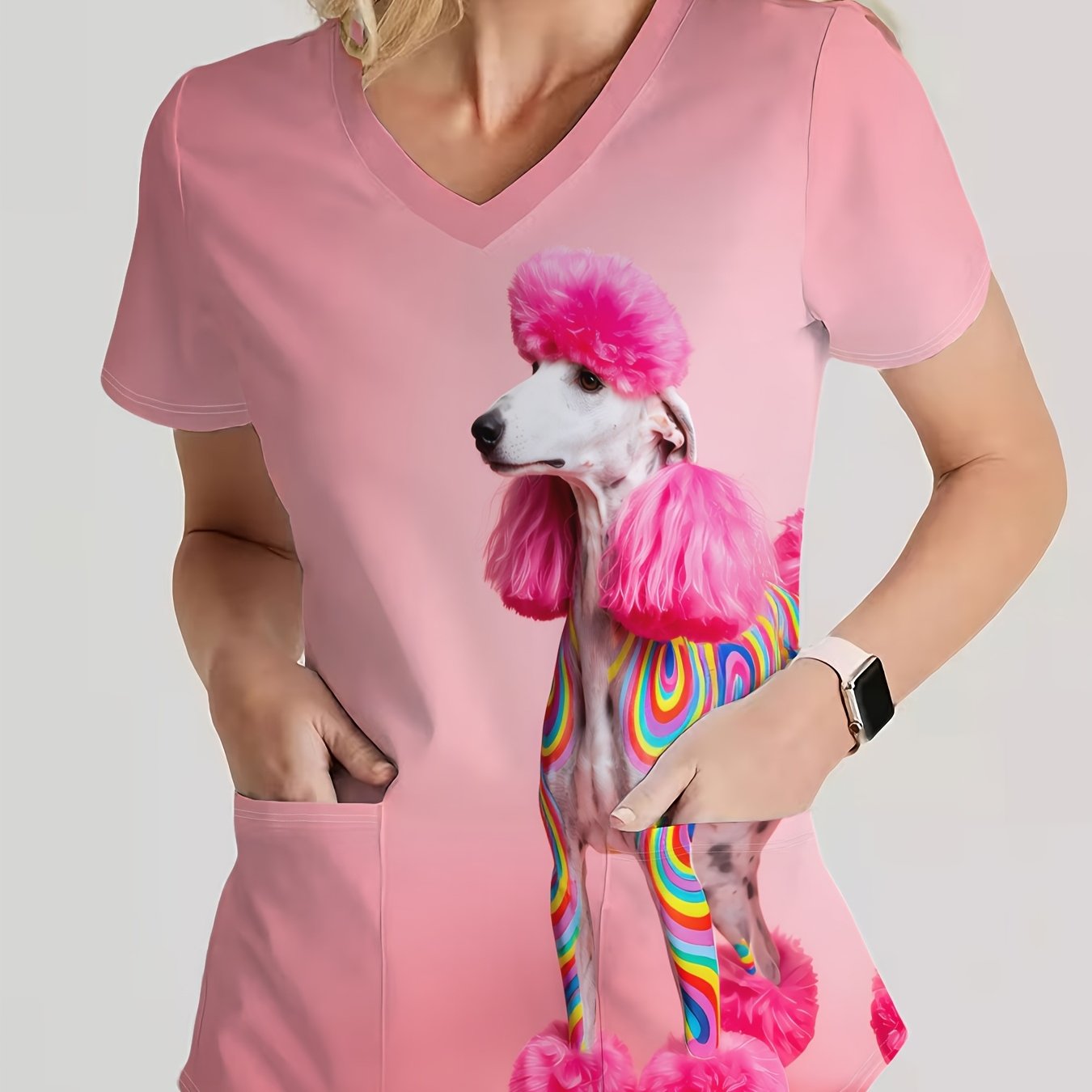 TEMU Elegant And 's V-neck T-shirt, Functional Nursing Scrubs, And Vivid Pink- Adorable Poodle Print. Soft And Cute Women's V-neck Short-sleeve Top,