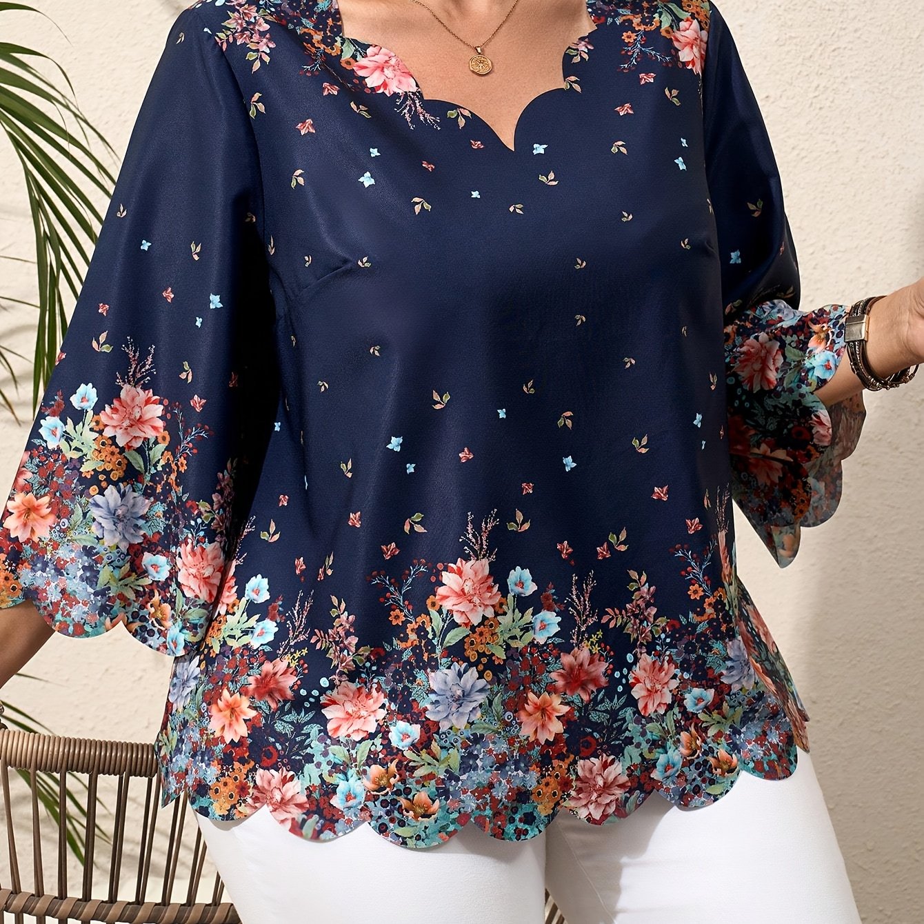 TEMU Plus Size, Plus Size Women's Floral Print Wavy V-neck Three-quarter Sleeve Shirt, Casual And Elegant Spring/autumn New Arrival Three-quarter