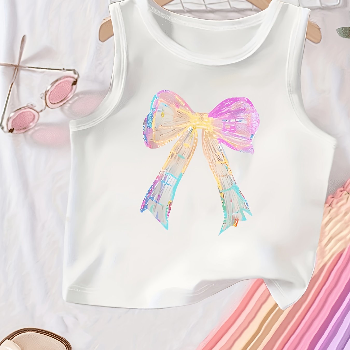 Image of 1 Girls Casual Vest, Bow Pattern Print, Girls Casual Vest, Perfect Vest For Casual Attire, Play, Girls Gift