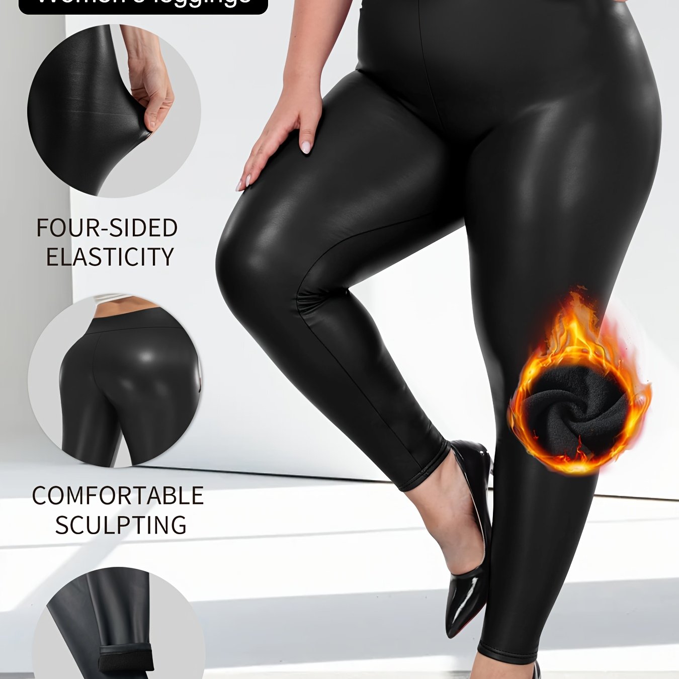 Image of Autumn And Winter New Style--plus Size Pu Fleece-lined High-waisted Leggings--sports Fitness Cropped Pants--high-elastic Fabric--suitable For Sports Outdoor Parties And Holiday Wear