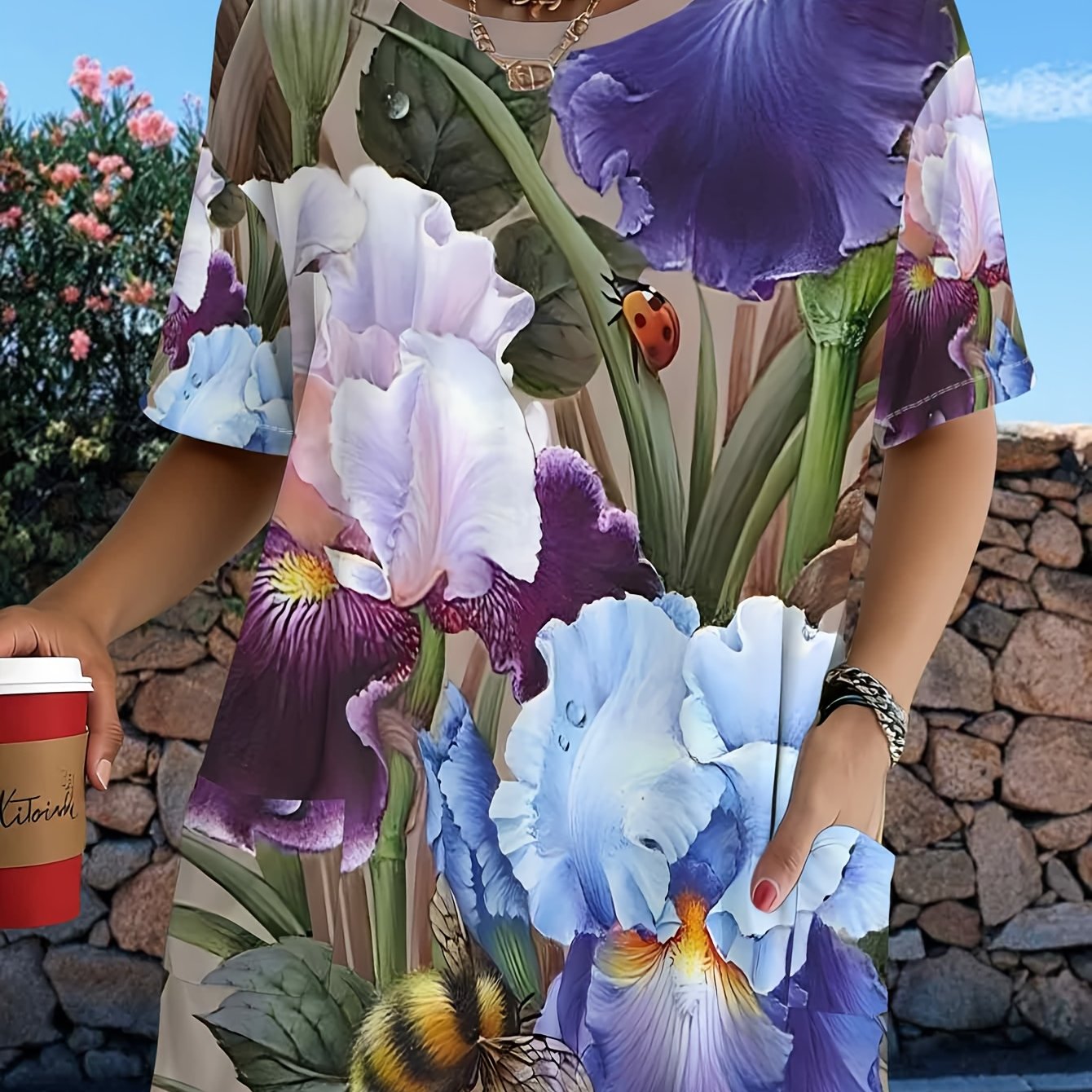 TEMU Plus Size Women's Short Sleeve Pocket T-shirt, Floral Print Loose Tee, Pastoral Style, Comfortable All-match Top