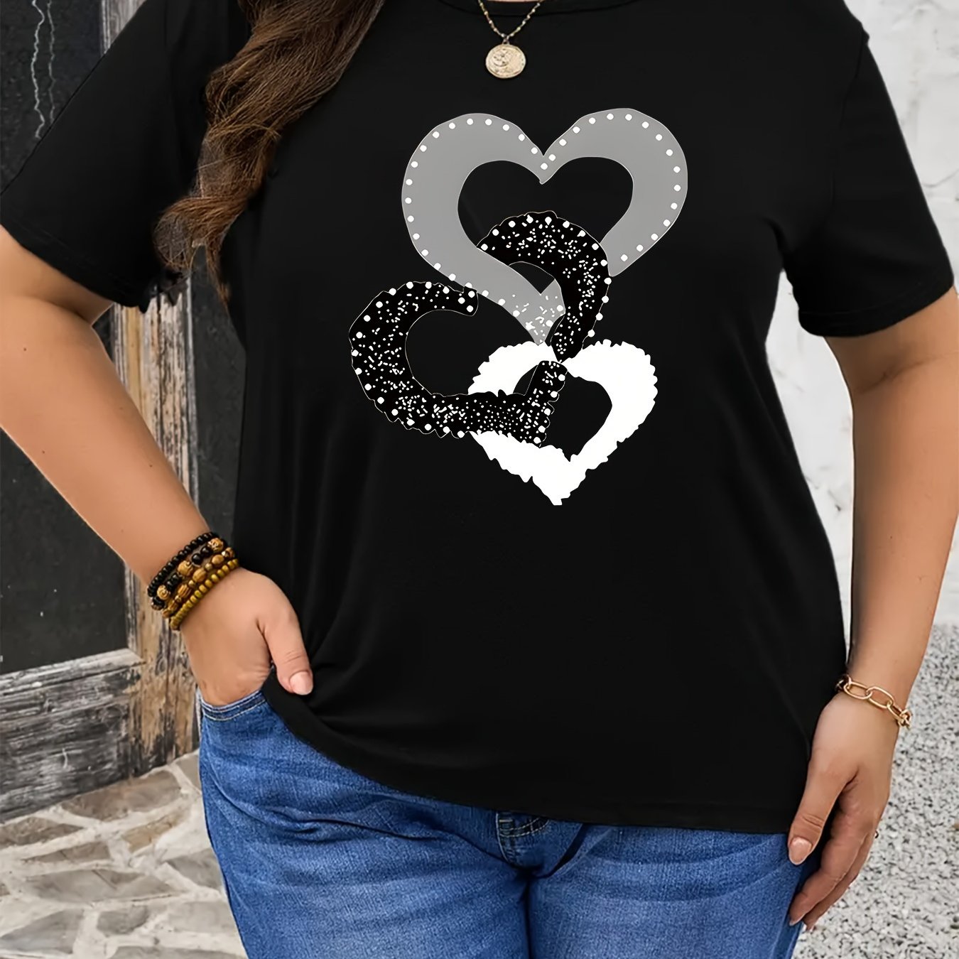Image of Plus Size Women's Black Casual T-shirt - Heart & Glitter , Stretchy Round Neck Short Sleeve Top For Spring/summer, Machine Washable, Everyday Tee, Relaxed Fit Tee, Nontransparent Material