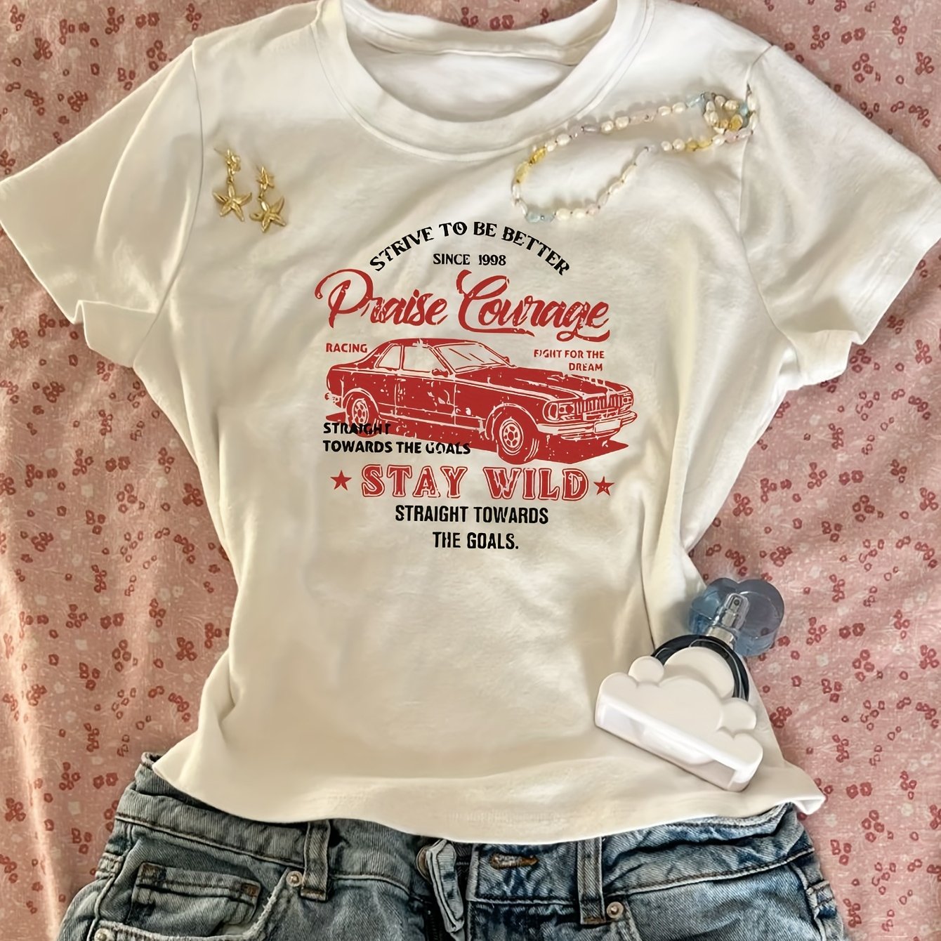 TEMU 00008 - Women's Fitted Bodycon Top, Nostalgic Vintage Graphic Print, Pure Desire Korean-style Y2k Summer Crew Neck Short Sleeve T-shirt, Women's