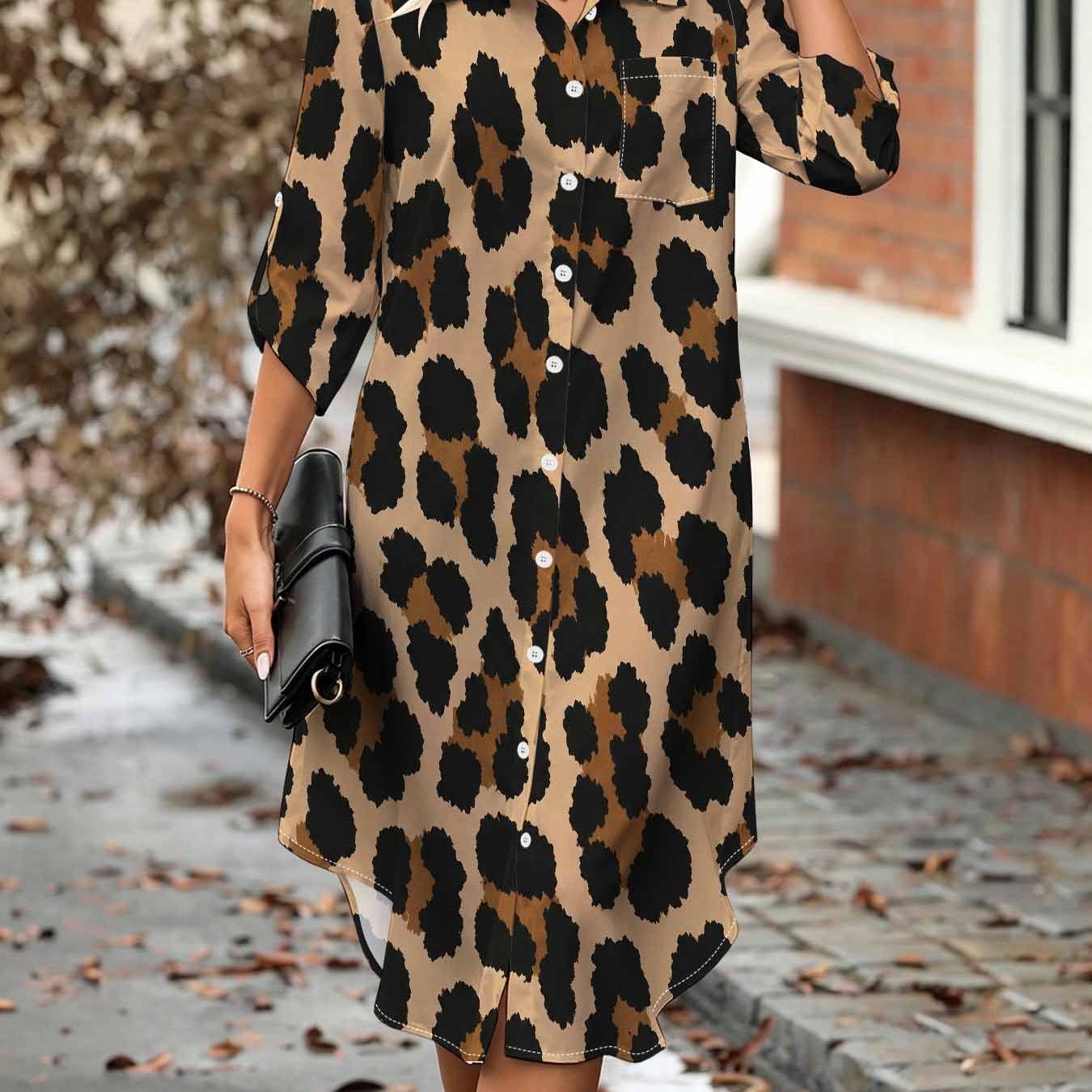 Image of Plus Size, Plussize Women's Leopard Print Design Shirt Dress, Collar, Aline Midlength With 3/4 Sleeves, Collar And Buttons, Vintage Elegant Style Shirt Dress With Chest Pocket.