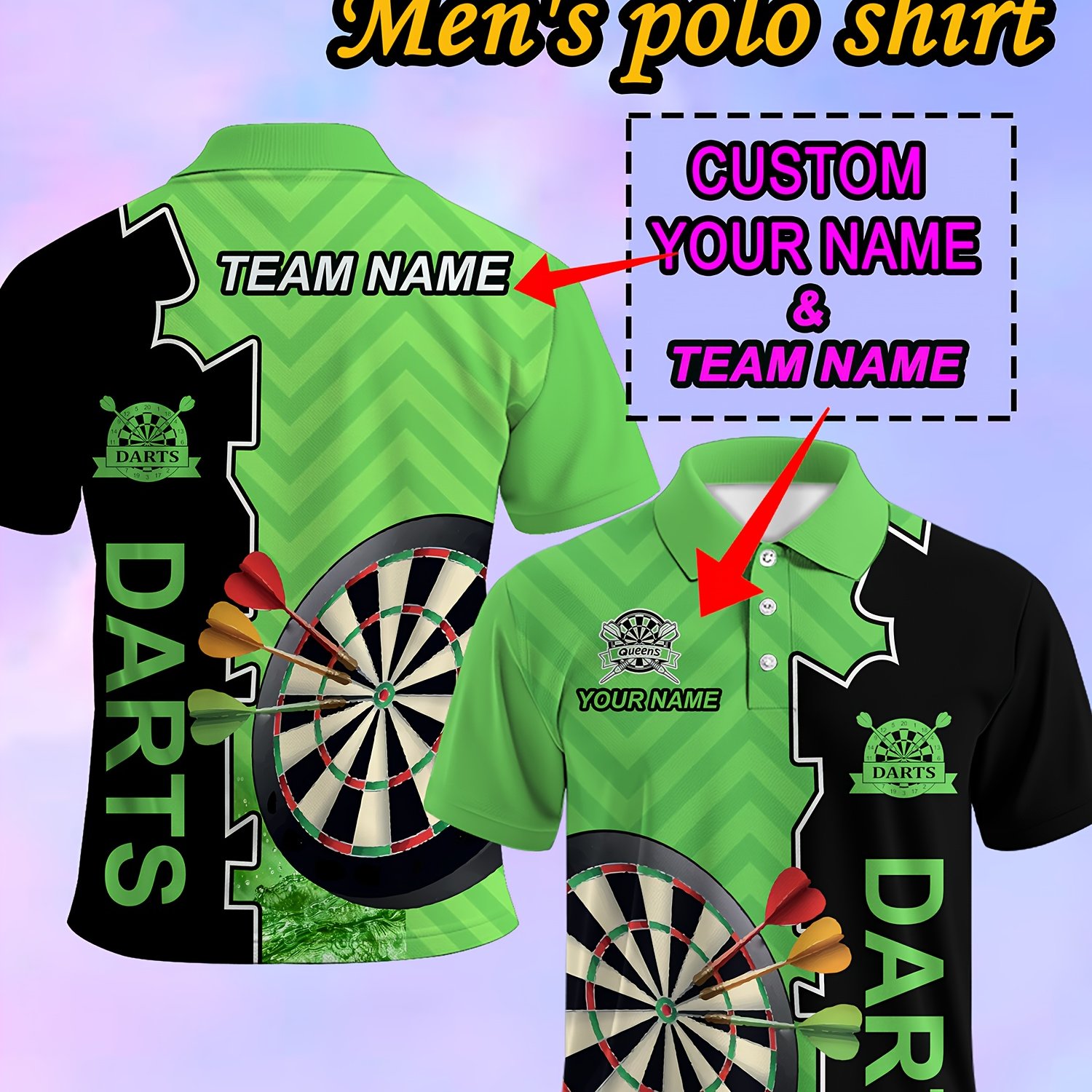 TEMU Custom Men's Dart Shirts - Breathable Short-sleeve Full-body Print With Dart Patterns And Personalized Name Text - Sizes 0-7xl Suitable For