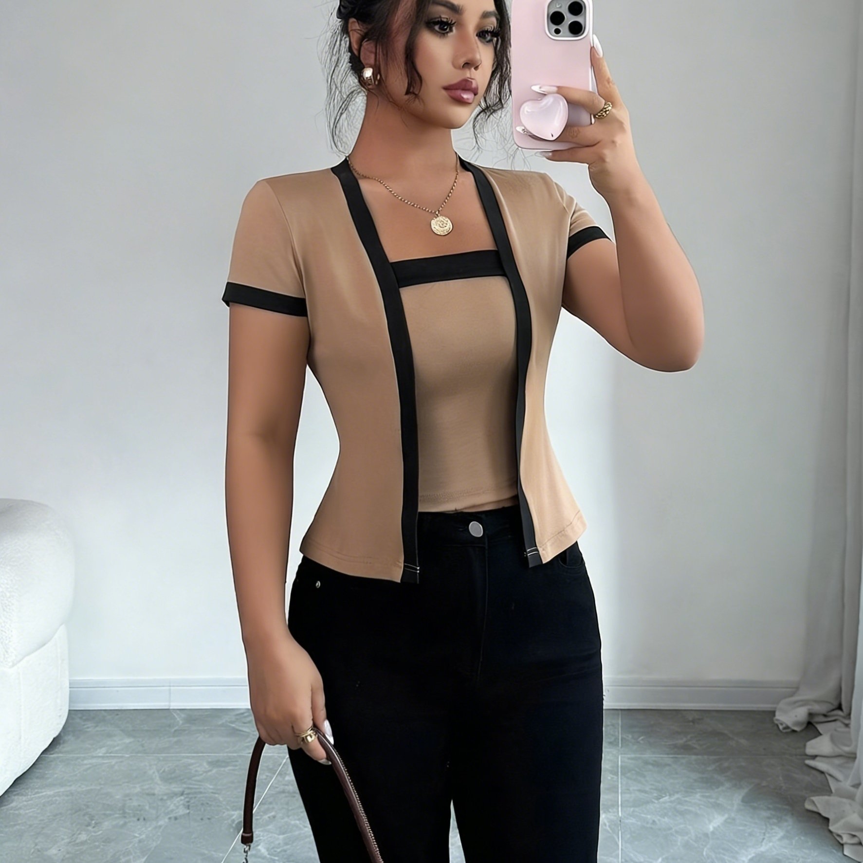 TEMU Women's Elegant Color-block Spliced Square Neckline -one Short Sleeve Top