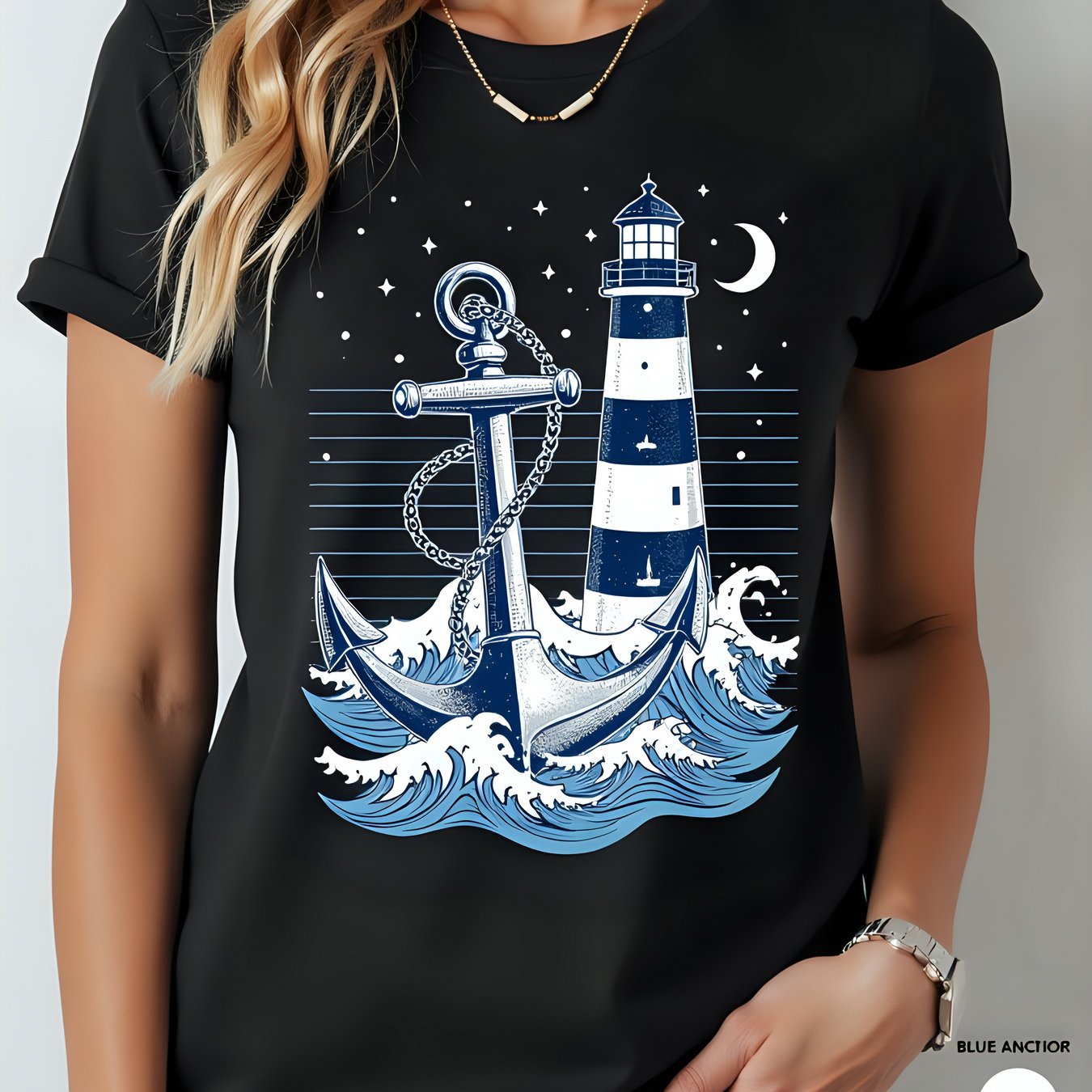 E-shop Damendesign 180g Baumwolle Weißes Nautisches Anker & Grafik T-Shirt – Atmungsaktives, leichtes Sommer-Oberteil mit Rüschenkanten, lockerer