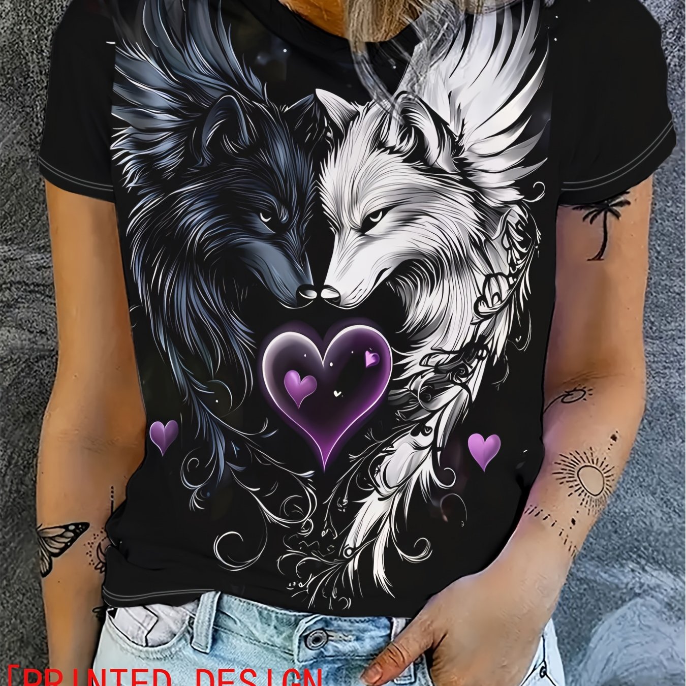 TEMU Women's Casual T-shirt - With Double Wolf Holding A Heart Graphic Print On Sides, Embellished With A Purple Heart [printed Design - Not
