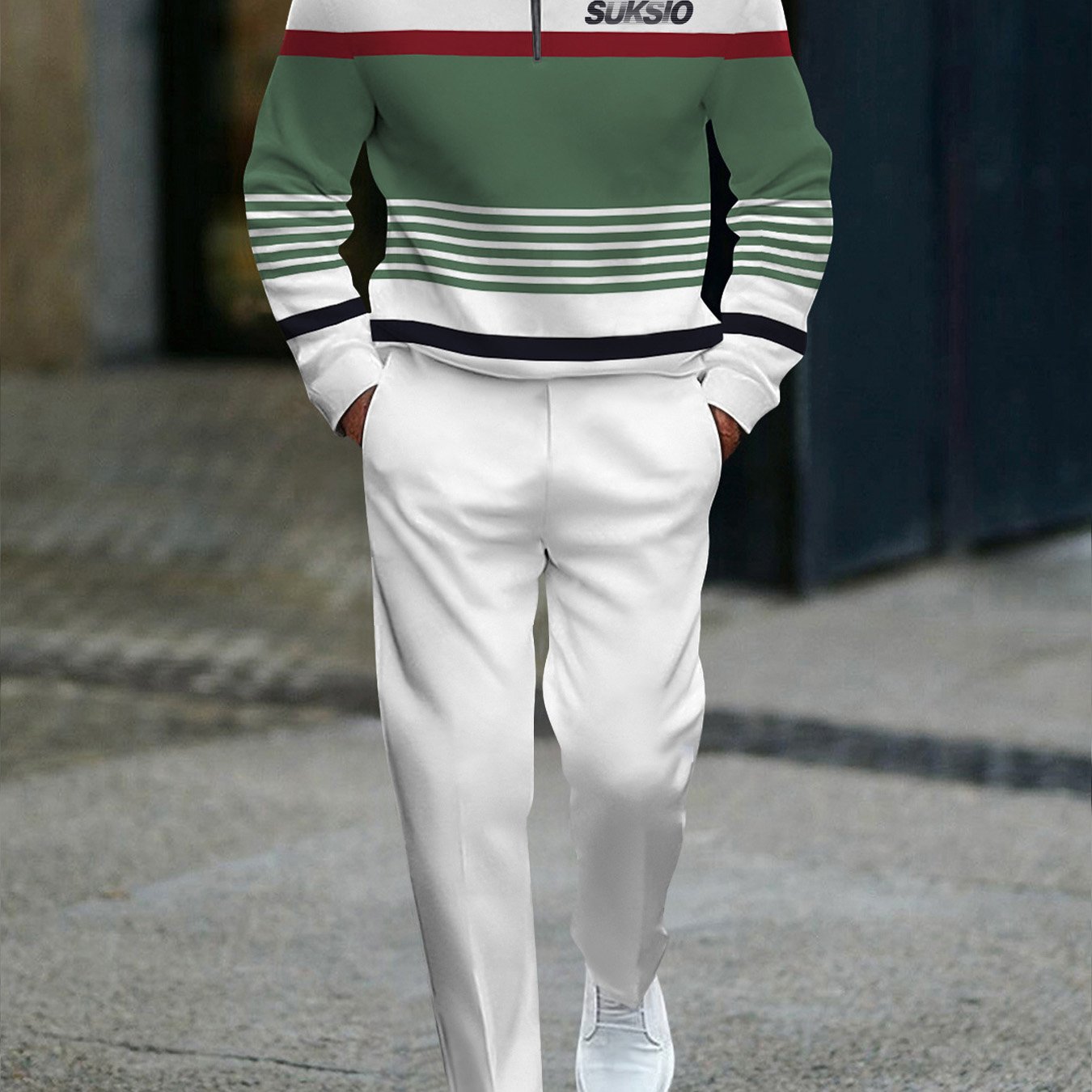 Image of Half Zip Men's Fashion Casual Trendy Striped Pattern Tracksuit With Green White Black Red Color Block Long Sleeve Top And White Pants Men's Outfits For Adults Men Casual Wear Street Style