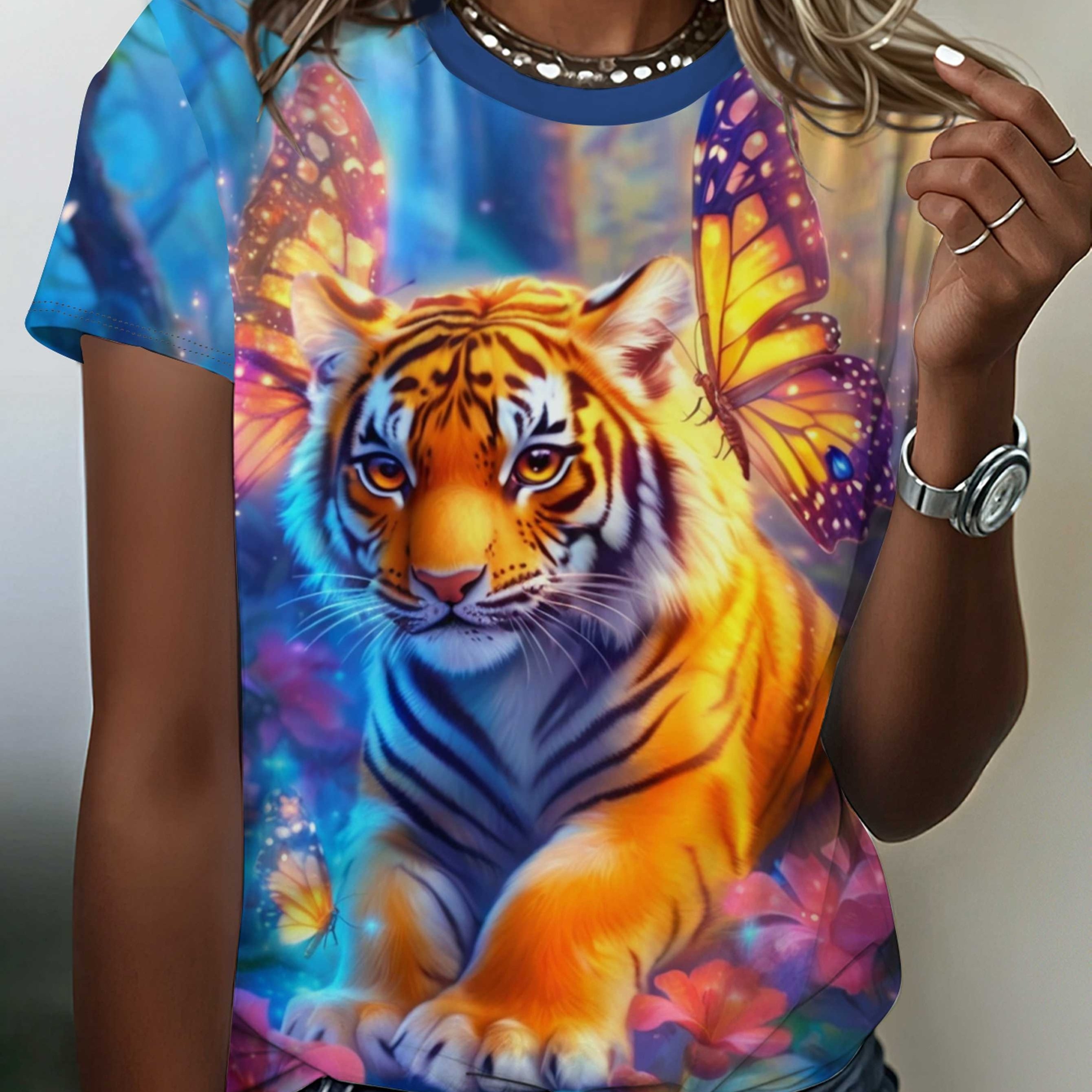 TEMU Women's Short Sleeve T-shirt With Colorful & Tiger Print - Round Neck Blouse-compatible Top | Non- Summer Casual Shirt Suitable For Casual