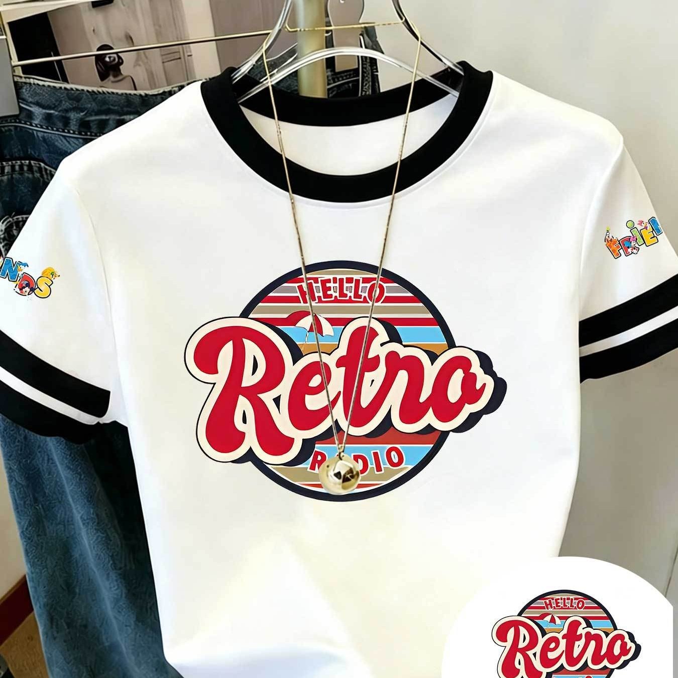 TEMU Fashion Women's Clothing Women's Color-block T-shirt Retro Trendy Red Record Player -block Summer Individual Sleeve Round Neck Short Sleeve