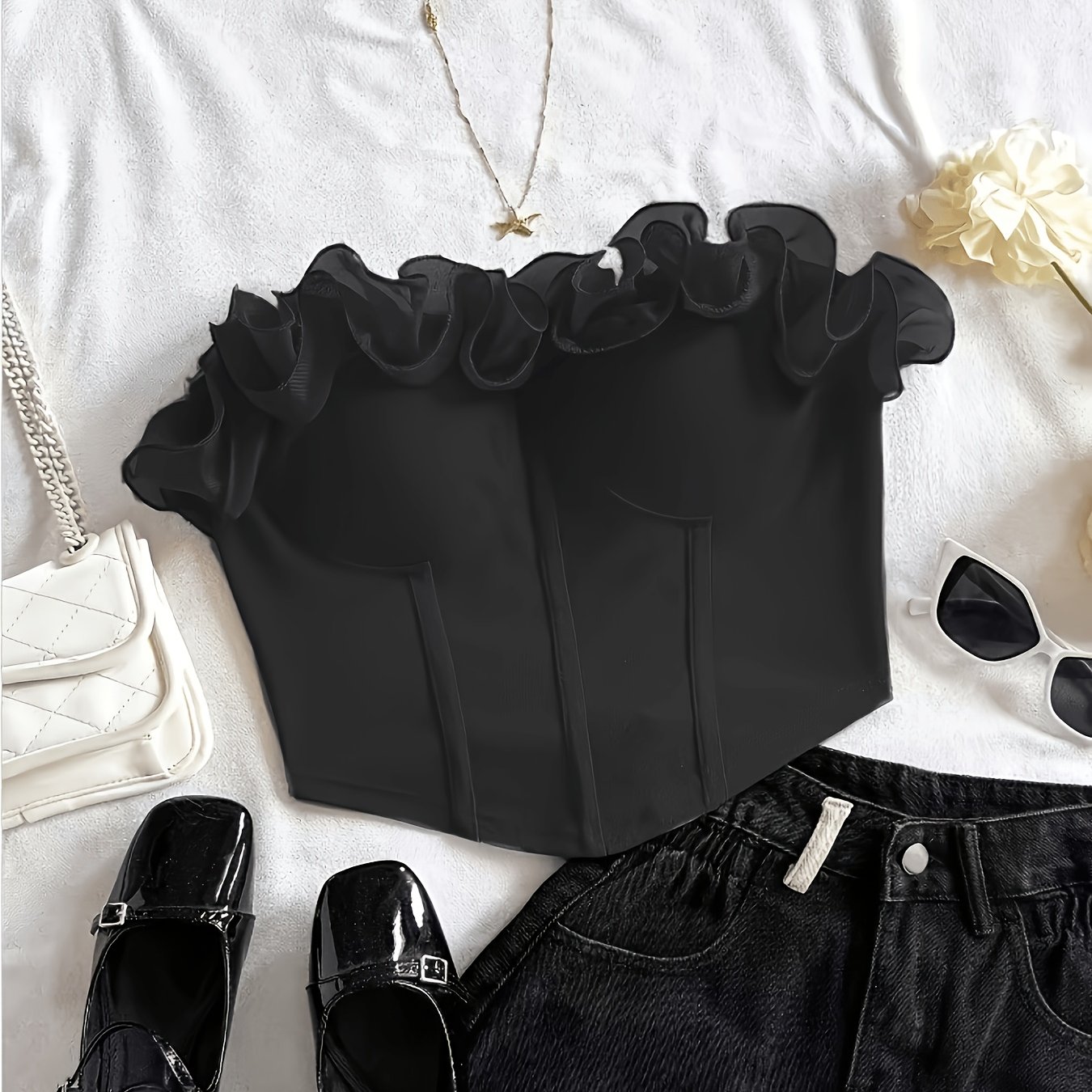 TEMU Top corto da donna elegante e casual da , , con spalle scoperte, con volant e vestibilit� aderente