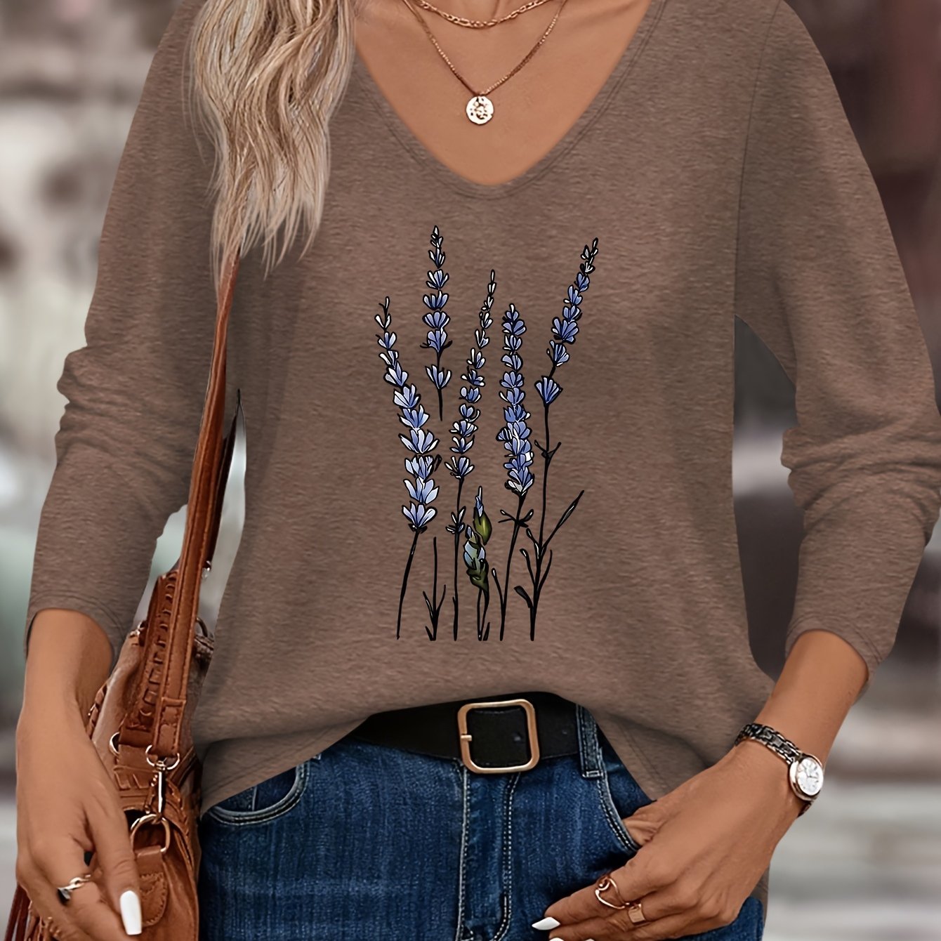 TEMU Floral Plant Elegant Pattern Print European And Women's Autumn And Winter Daily Comfortable Simple Casual Fashion Versatile Color V-neck T-shirt