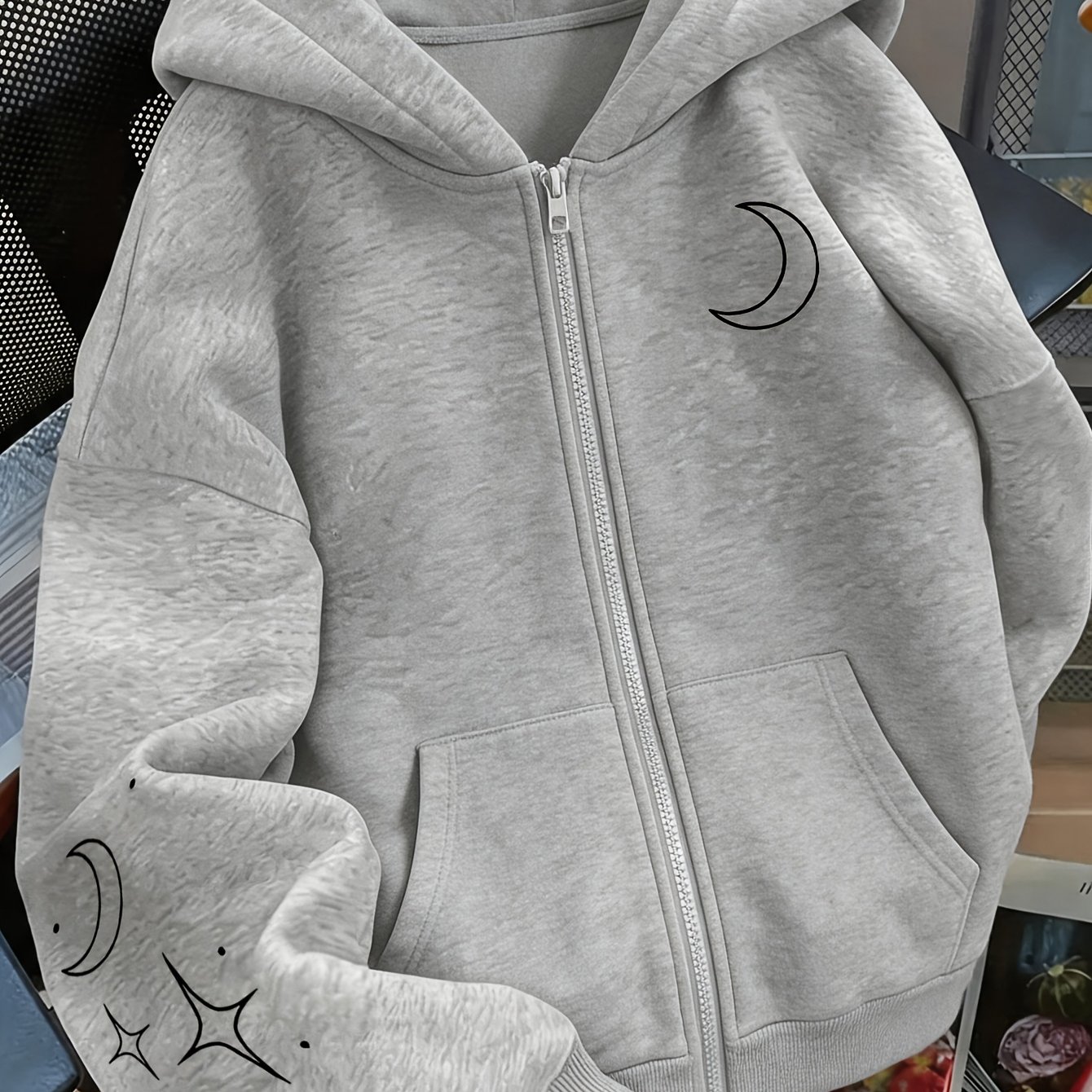 TEMU Artistic Moon Pattern Print - Y2k Zip-up Hoodie - Fashionable And Comfortable Zip-up Jacket, Suitable For Casual Sportswear, Casual Sportswear