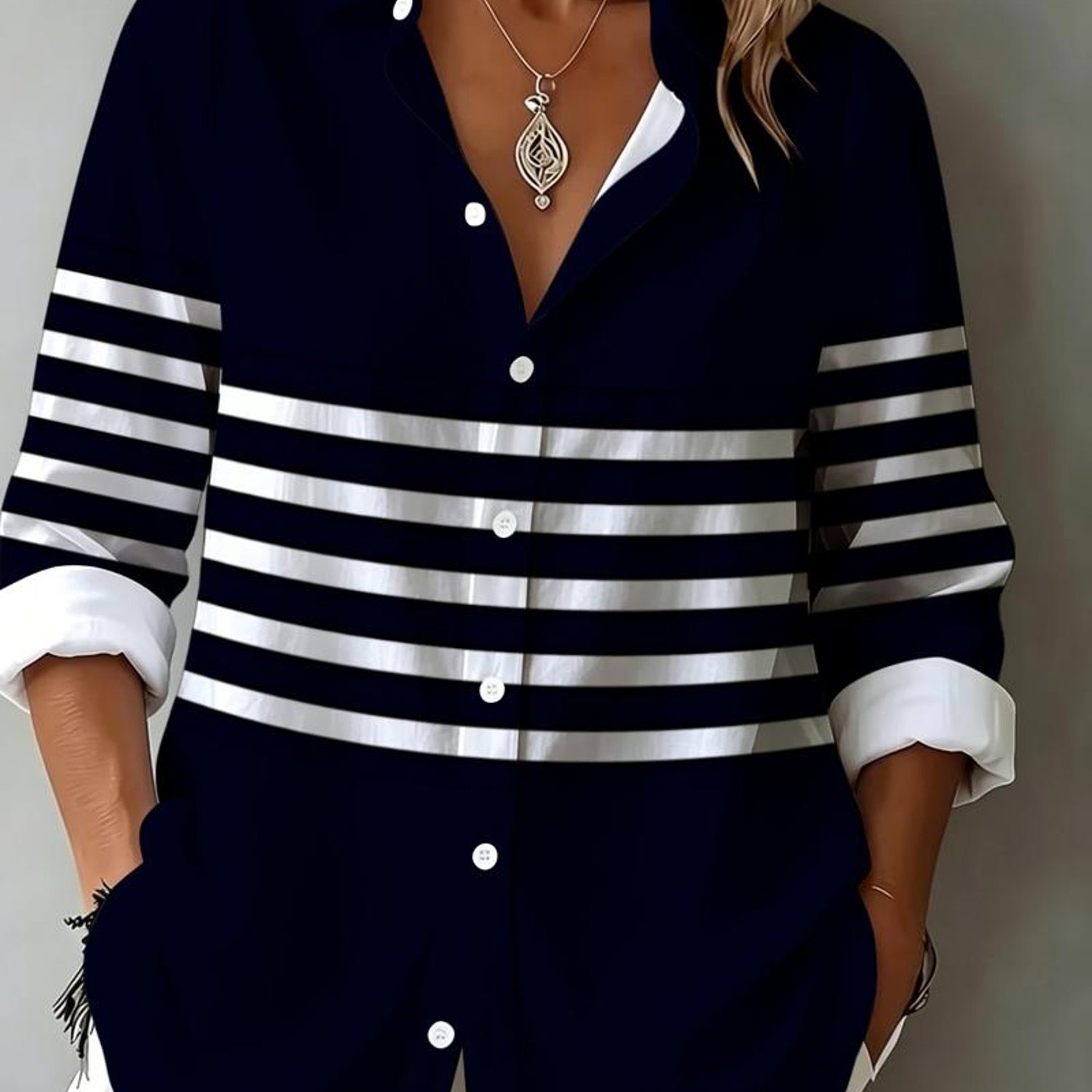 TEMU Women's Stylish Long-sleeve Shirt, Classic Contrast Color Horizontal , Suitable For Occasions Including Office And [printed Design â Not