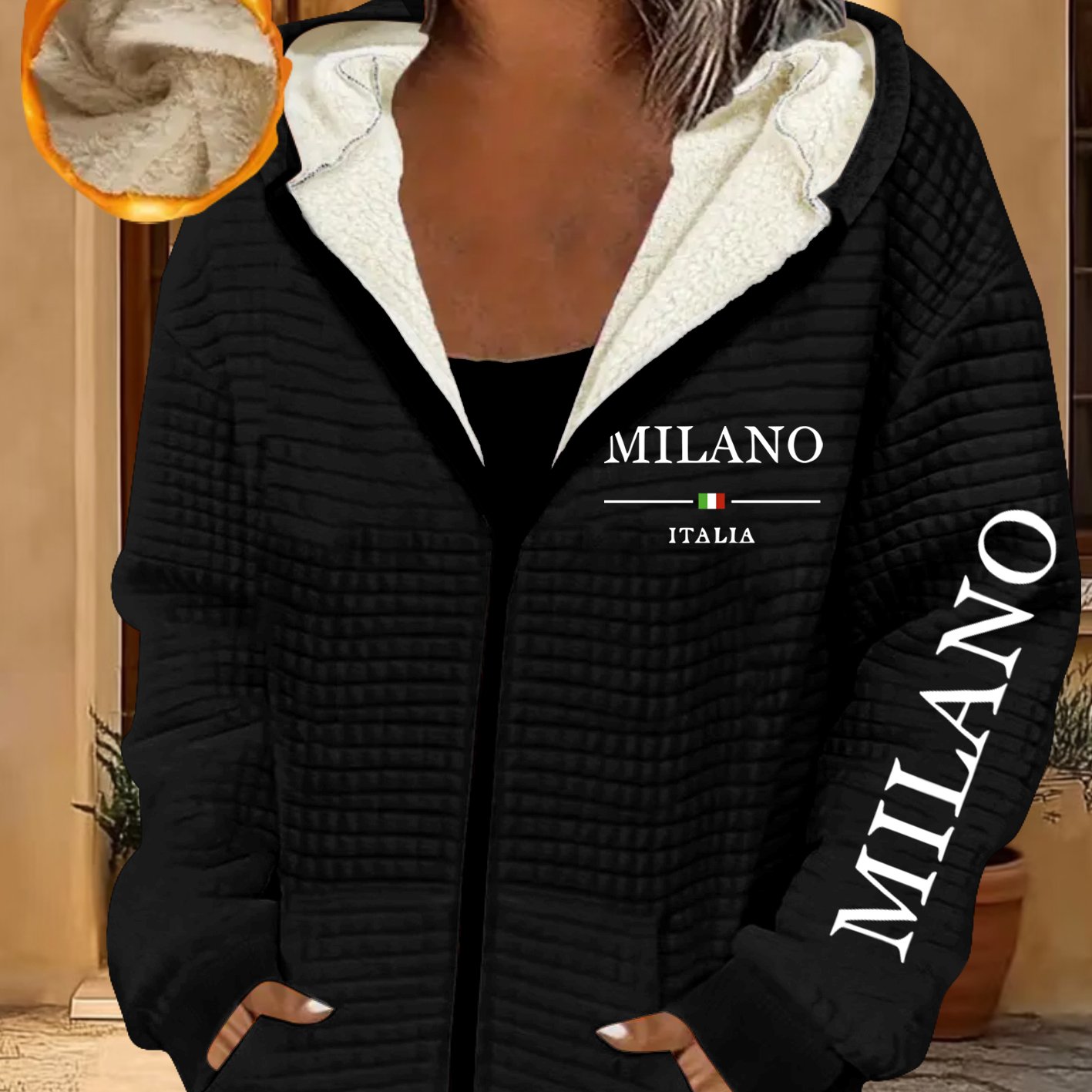 TEMU English Trendy Pattern Print, Women's Thickened Full-zip Winter Jacket - Hooded Coat, Autumn And Winter Machine Washable Coat, Casual Outerwear