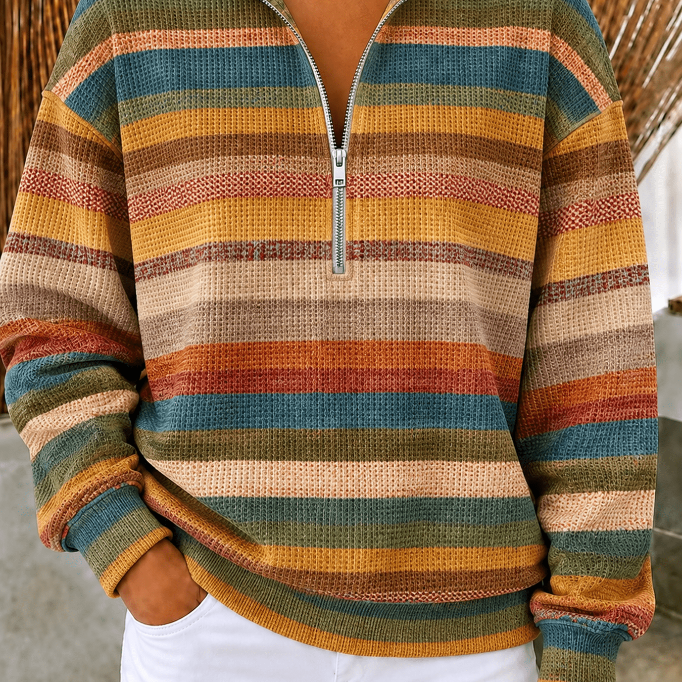Image of Plus Size Women's Clothing Women's Tops, Relaxed Fit Quarter Zip Collared Long Sleeve Color Block Striped Pullover, Fall And Winter, Suitable For Casual Sports Activities