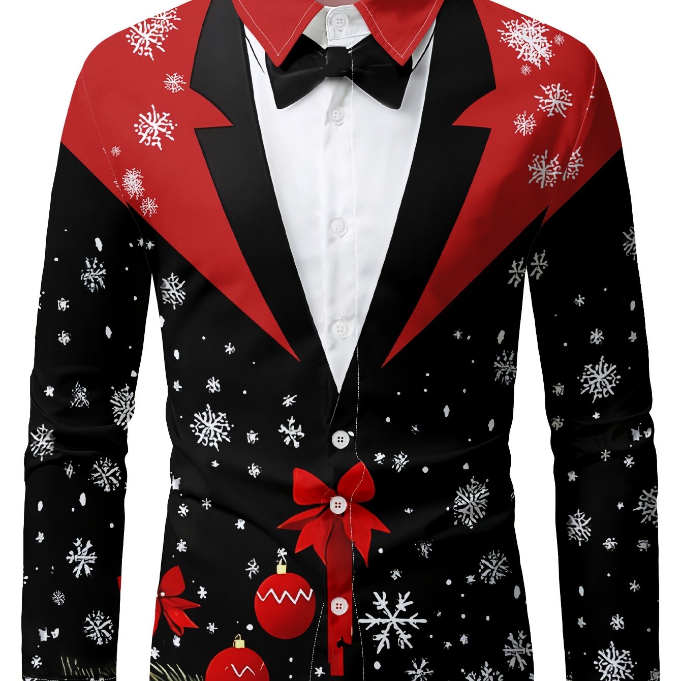 TEMU Men's Christmas Print Dress Shirt - Festive Red And Fake Tie Print, Suitable For Holiday Events, New Year's Eve, And Christmas Casual Party Long