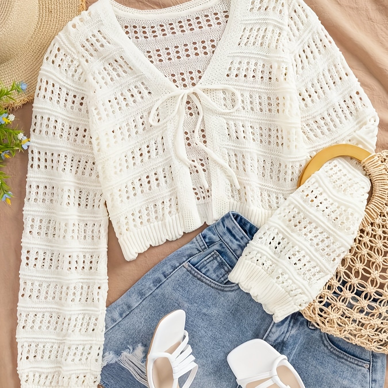 Women's Vacation Casual Solid Color Hollow Short Cardigan, Long Sleeve Open Front