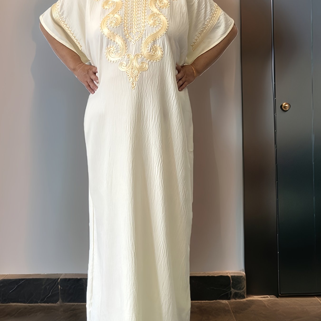 E-shop Damen Nahost Kaftan Kleid - Traditionelles Gewand mit kurzen Ärmeln & Rundhalsausschnitt, Kurzes Kleid für alle Jahreszeiten, Maschinenwaschbare
