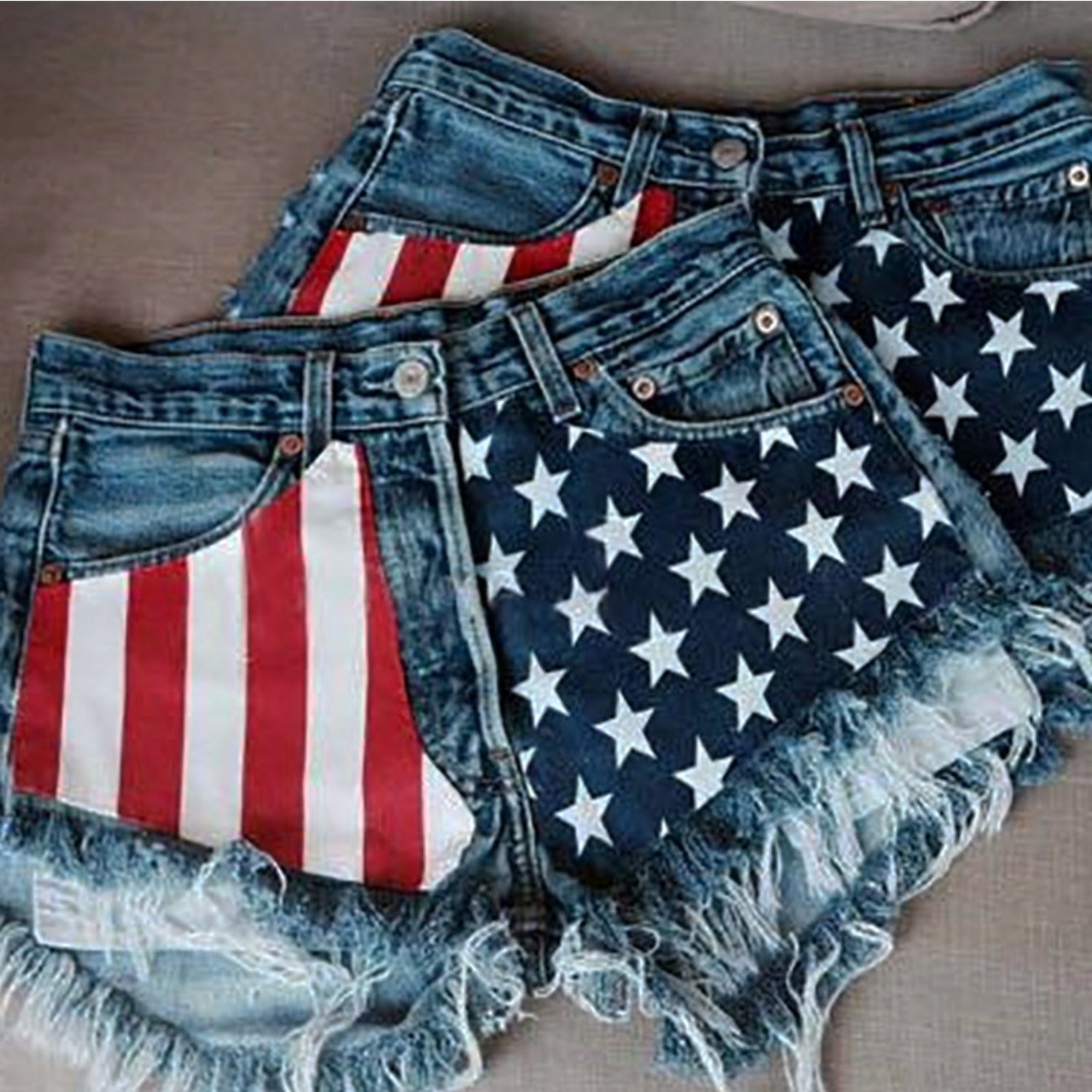TEMU 250th Anniversary Day, Ladies Retro Washed American Fringe Denim Shorts, High-waist Distressed Design, Patriotic Color Blocks , Fringe , Summer