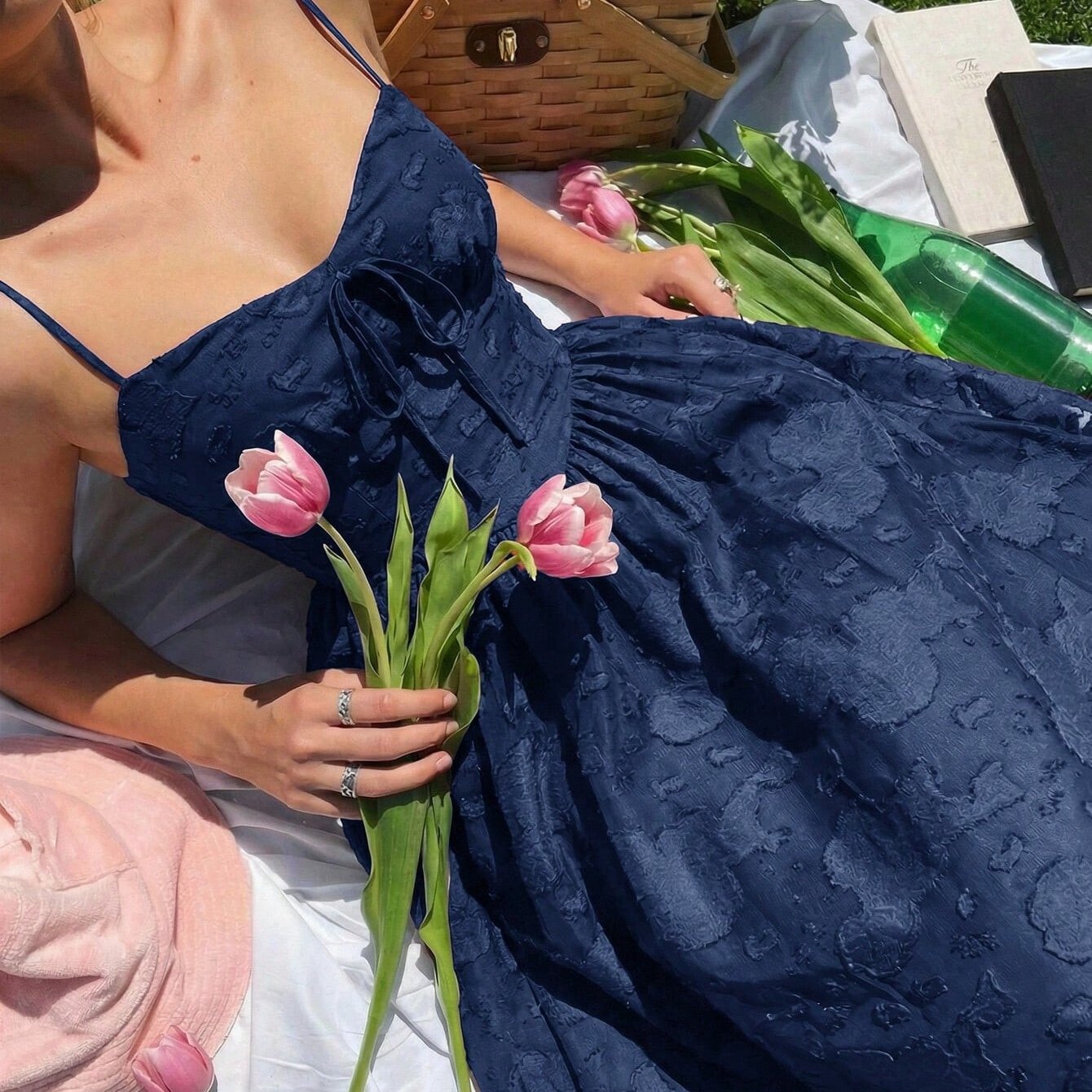 Image of Back-to- Season Party Thin Strap V-neck Front Tie Waist Flared Long Dress For Women | Vintage Feel Flowing Floral Long Dress, Perfect For Campus Graduation Parties And Lawn Picnics