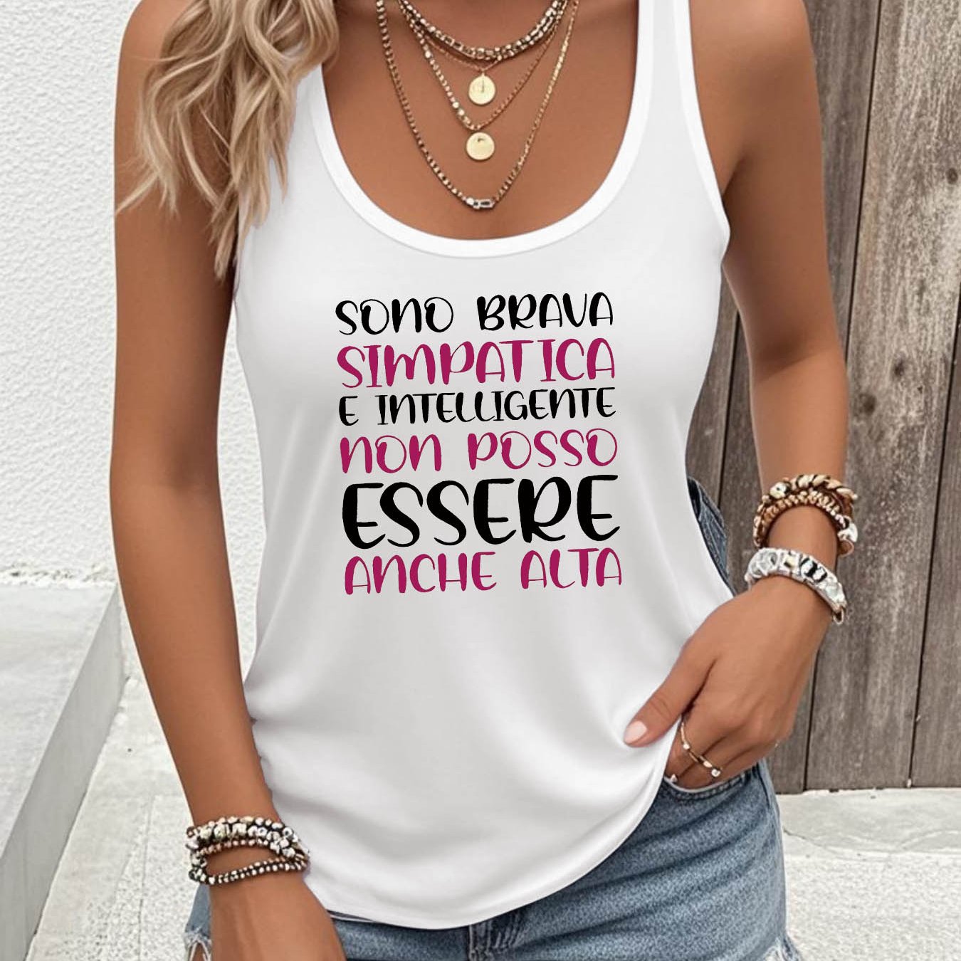 TEMU Top da donna senza maniche con stampa di italiana - Canotta con scritta " BRAVA E INTELLIGENTE", , abbigliamento casual estivo e primaverile,