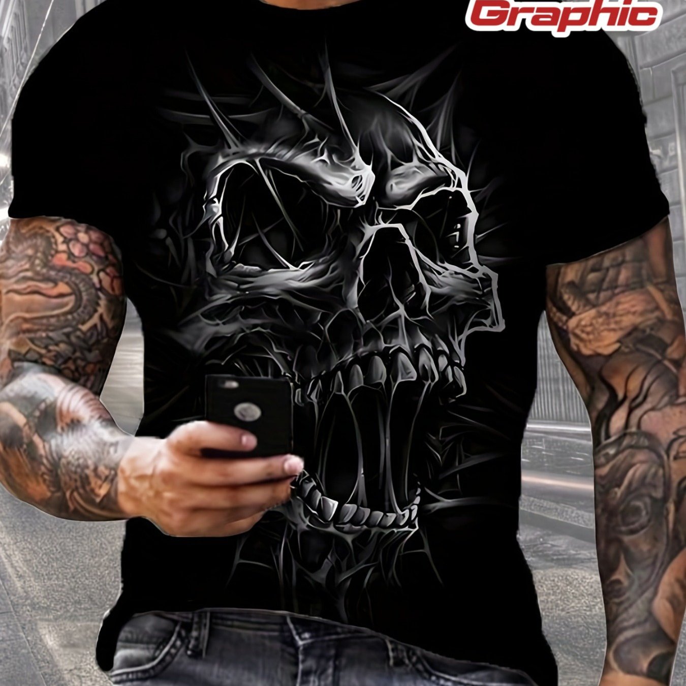 Image of Plus Size Men's Gothic 3d Skull Print T-shirt- Black Crew Neck Short Sleeve With 3d Skull& Iconic Gothic Design, Stretchy, Machine Washable, Regular Fit Casual , For Wear, Plus Size