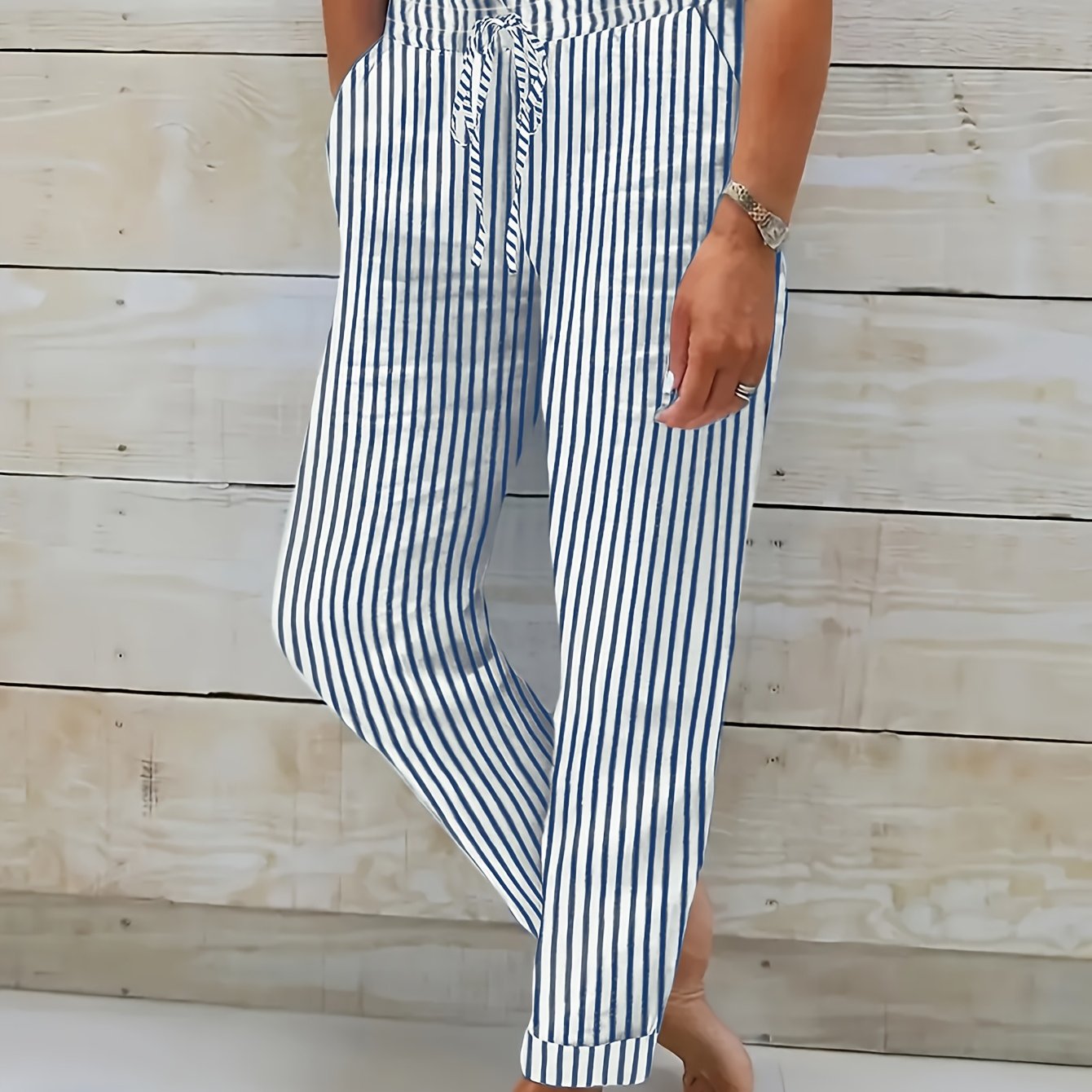 E-shop Elegante Damen Hose mit zufälligem Streifenmuster, lässig, locker geschnitten, Kordelzug, elastische Taille, , gerade Hosenbeine