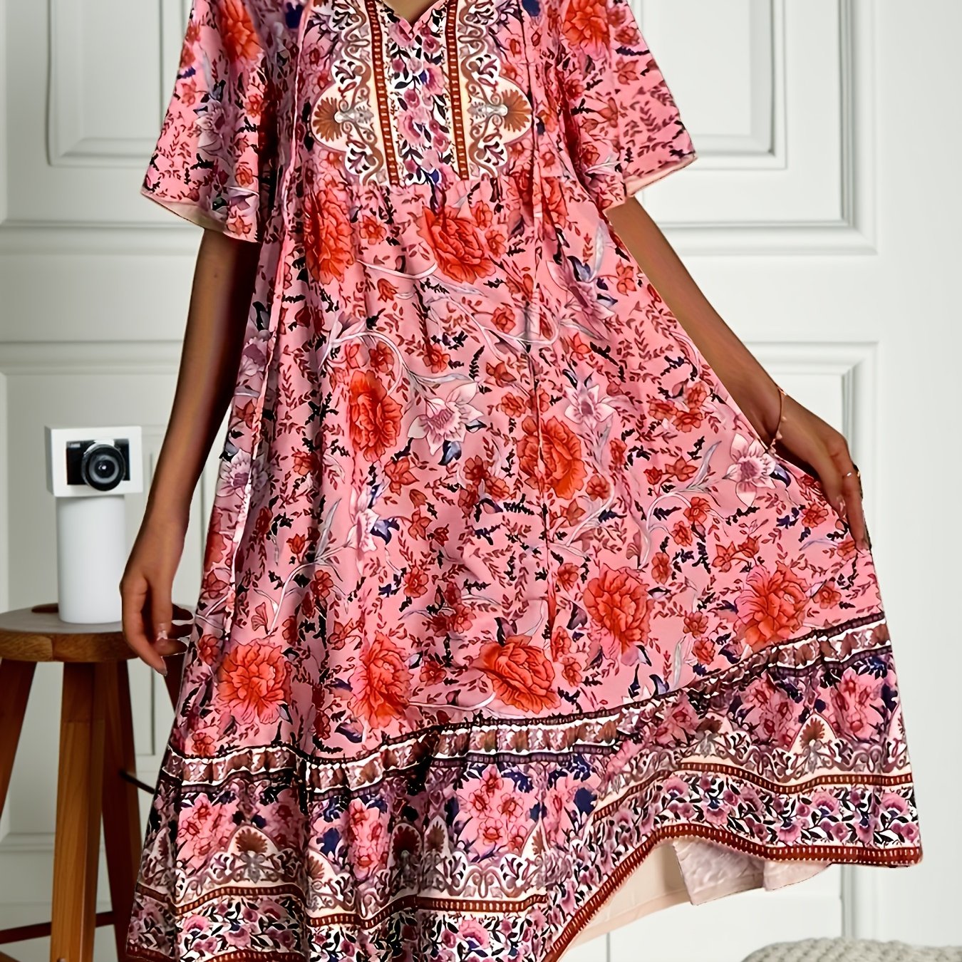 E-shop Damen 2025 Bohemian Blumenprint V-Ausschnitt Kleid – Lockerer A-Schnitt, Kontrastärmel, -Spandex-Mix, Maschinenwaschbar,