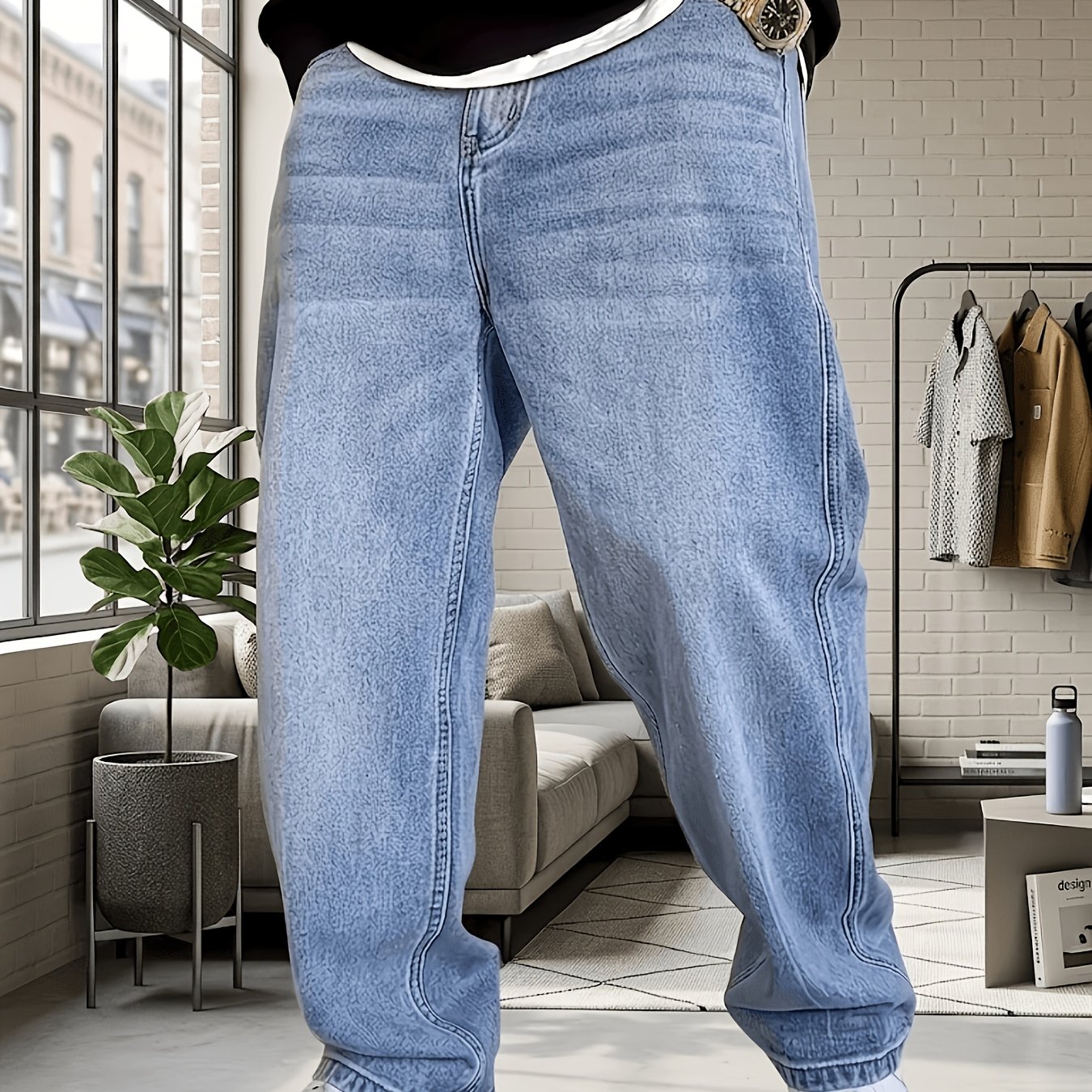 Image of Straight-leg Jeans - Non-stretch Denim, Regular Length, Solid Color, , Hand Wash Only, Casual Versatile Style For Casual Attire, Comfortable Fashion, Durable Denim