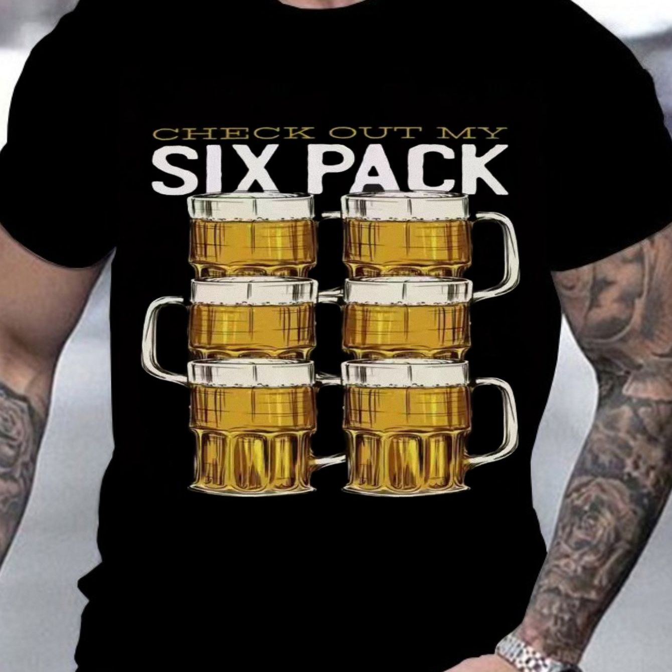 TEMU Men's T - Shirt With 'check Out My 6 Pc' Design In Yellow & White Text, Stacked Beer Mugs Graphic - Casual Crew Neck Tee For Men, Trendy Outdoor