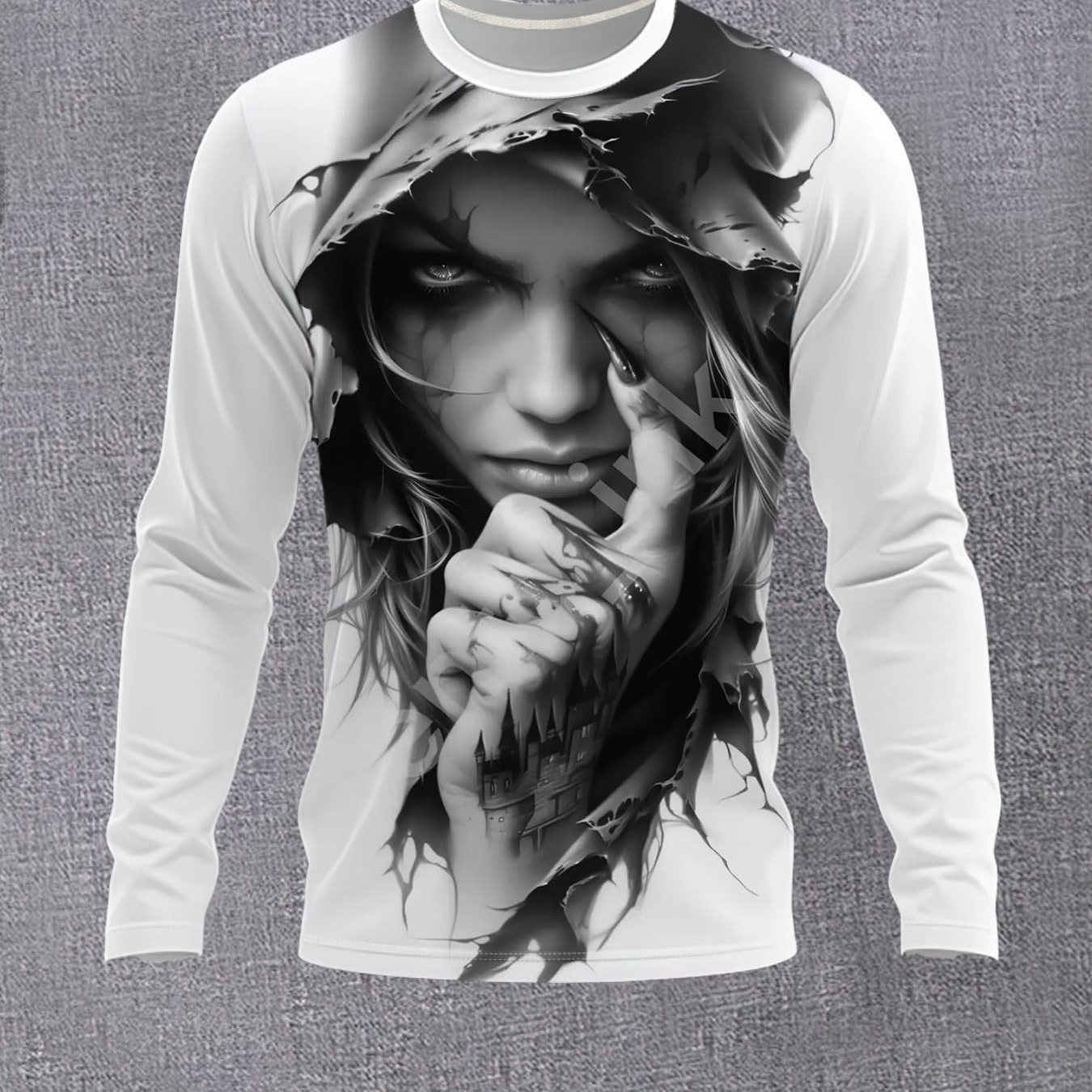 TEMU [printed Design – Not Textured] Men's Trendy Ripped Art Figure Print Crew Neck Long Sleeve T-shirt